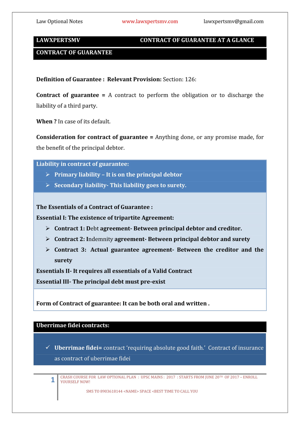Contract of guarantee daily material - MASTERS OF LAW - Studocu