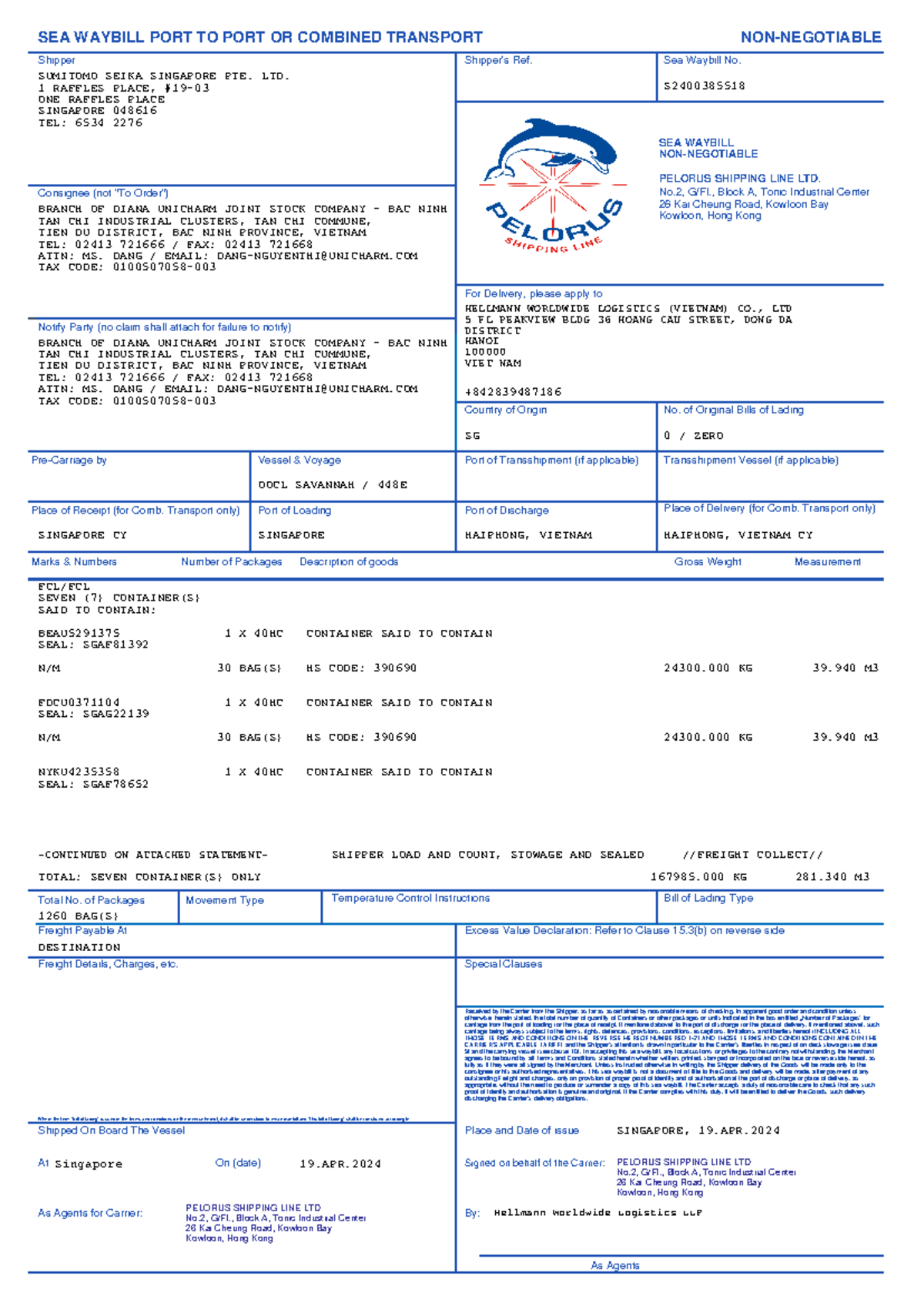 Pelorus Bill of Lading - Arrival Notice Arrival Notice - SEA WAYBILL ...