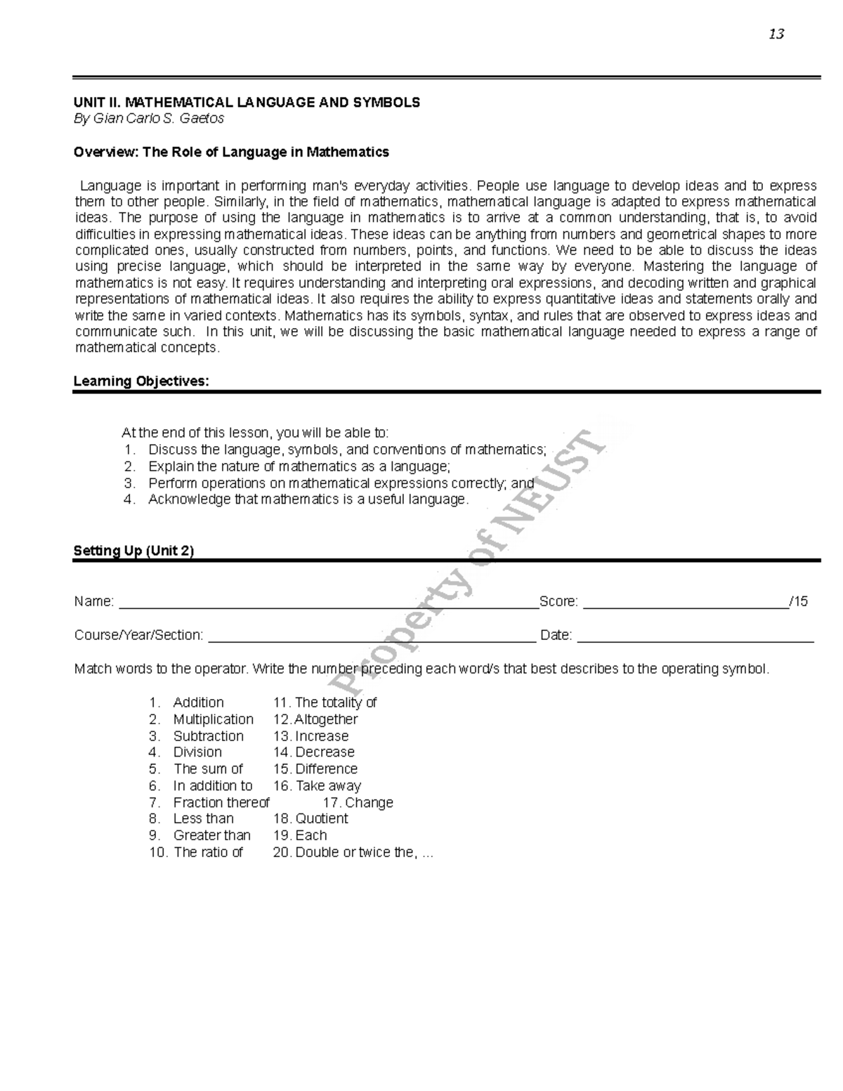 Unit 2 Mathematical Language and Symbols GCSGaetos 1 - UNIT II ...
