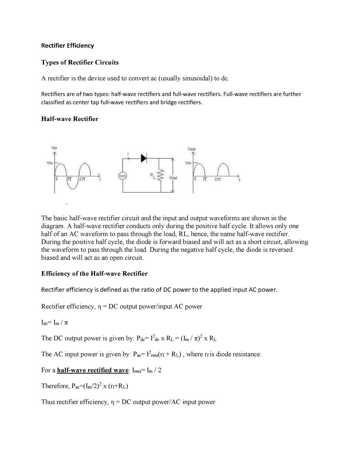 Efficiency of shop half wave rectifier