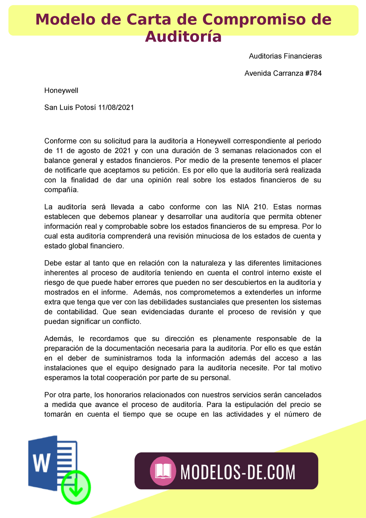 Modelo De Carta De Compromiso De Auditoría Auditorias Financieras