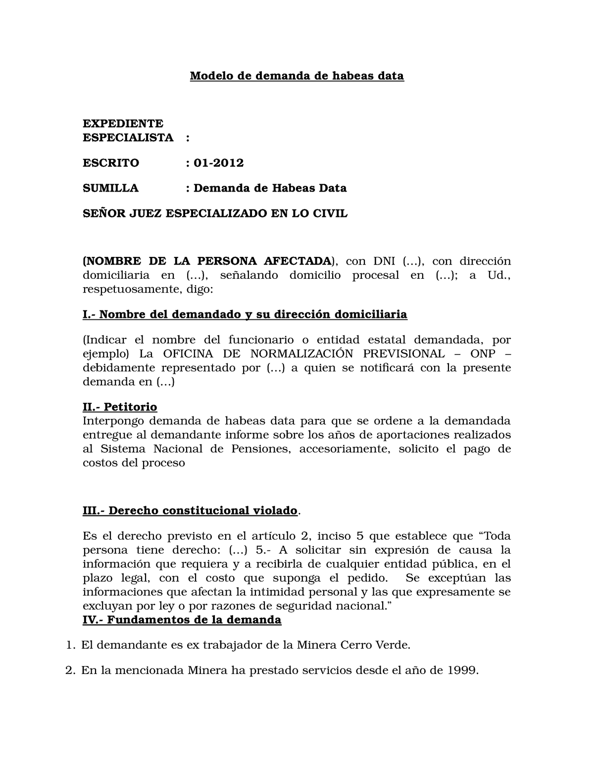 218870261 Modelo de Demanda de Habeas Data - Modelo de demanda de habeas  data EXPEDIENTE - Studocu