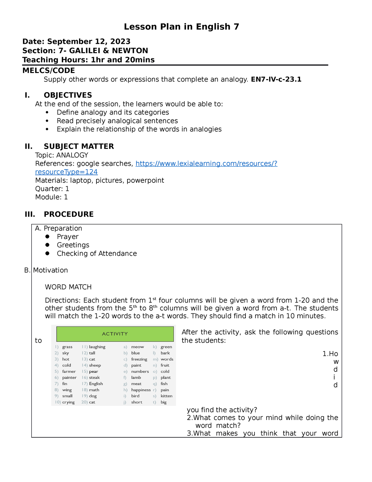 Grade 7 Quarter 1 Module 1 - Lesson Plan In English 7 Date: September ...