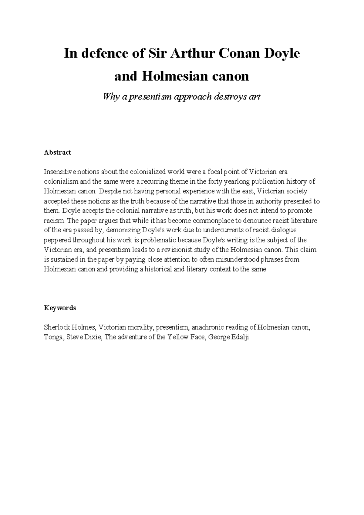 Sample essay for - In defence of Sir Arthur Conan Doyle and Holmesian ...