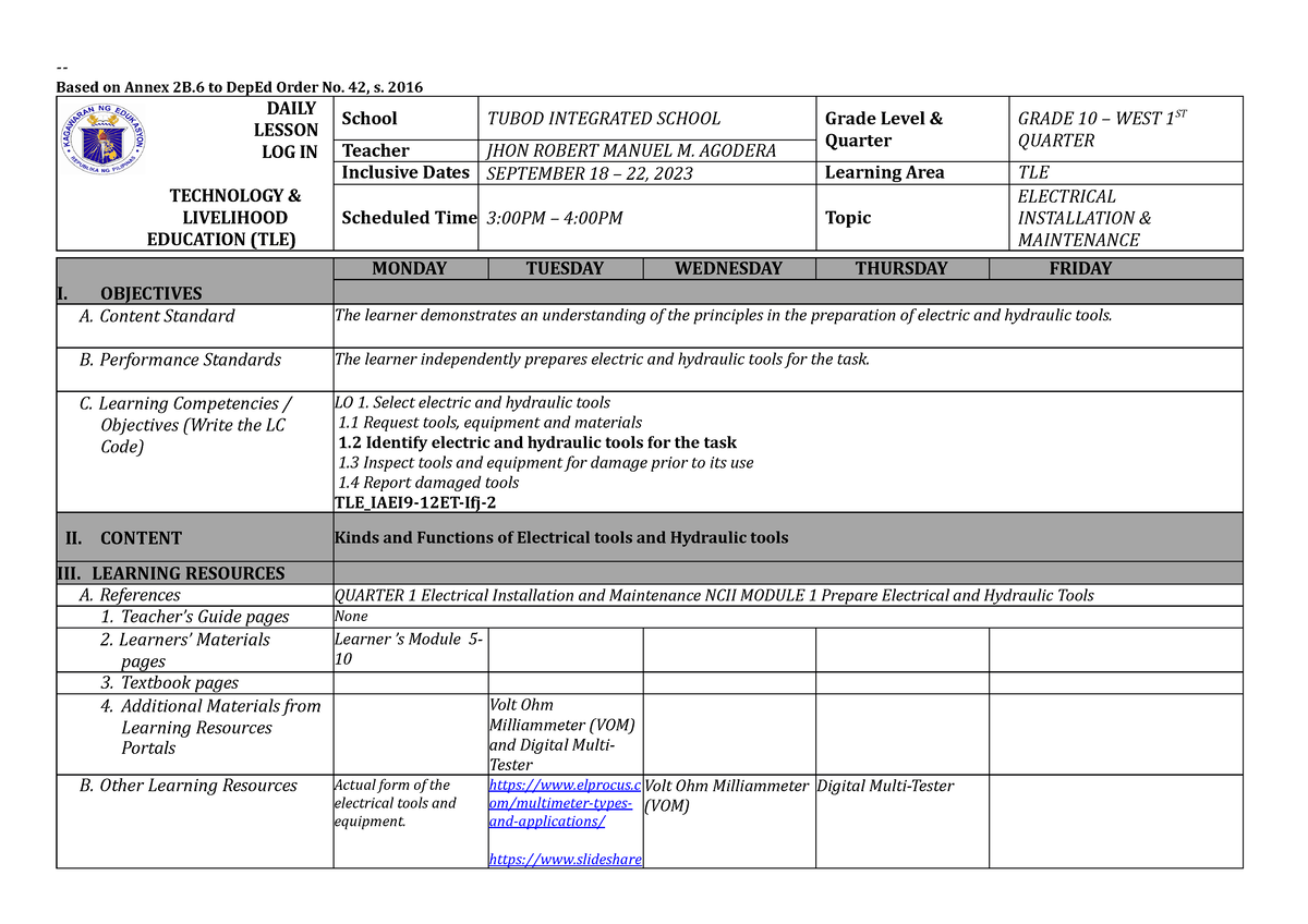 Week 4 Grade 10 - Dll 4th Week - Based On Annex 2B To DepEd Order No ...