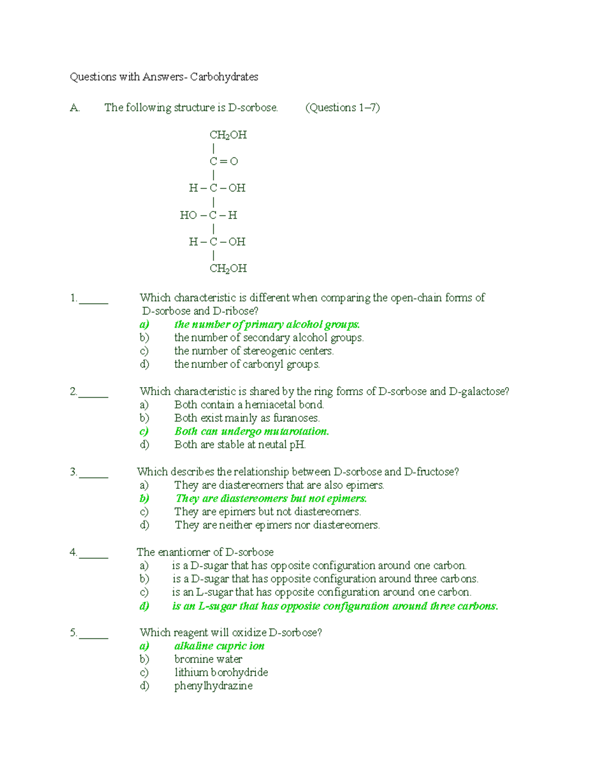 Carbohydrates Questions and Answers Questions with Answers