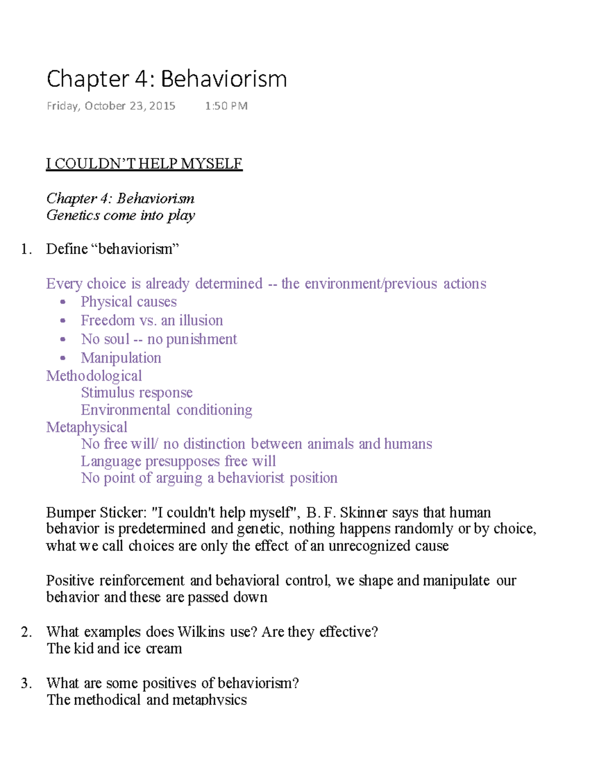 Chapter 4 Behaviorism - Chapter 4: Behaviorism Friday, October 23, 2015 ...