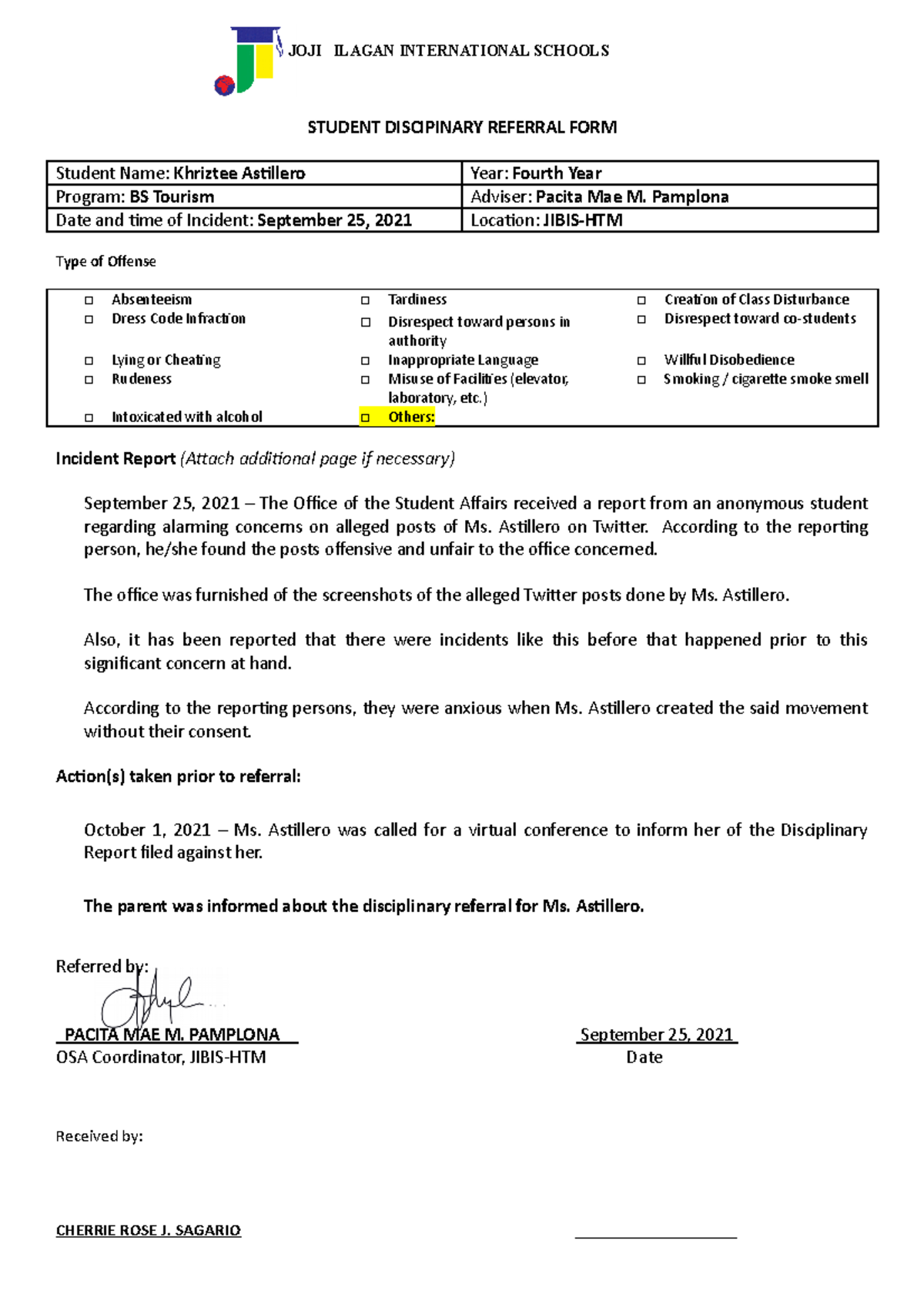 FORM E Student Disciplinary Referral Astillero, K STUDENT