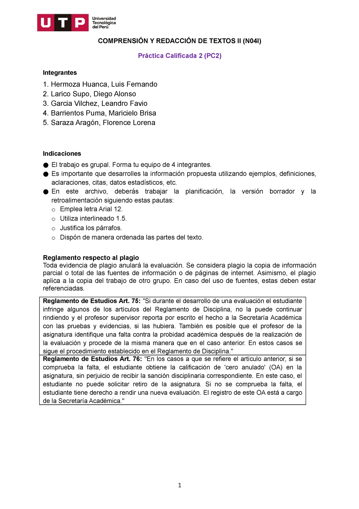 S15 S16 Práctica Calificada 2 Pc2 Versión Borrador Formato 1 4 ComprensiÓn Y RedacciÓn 5921