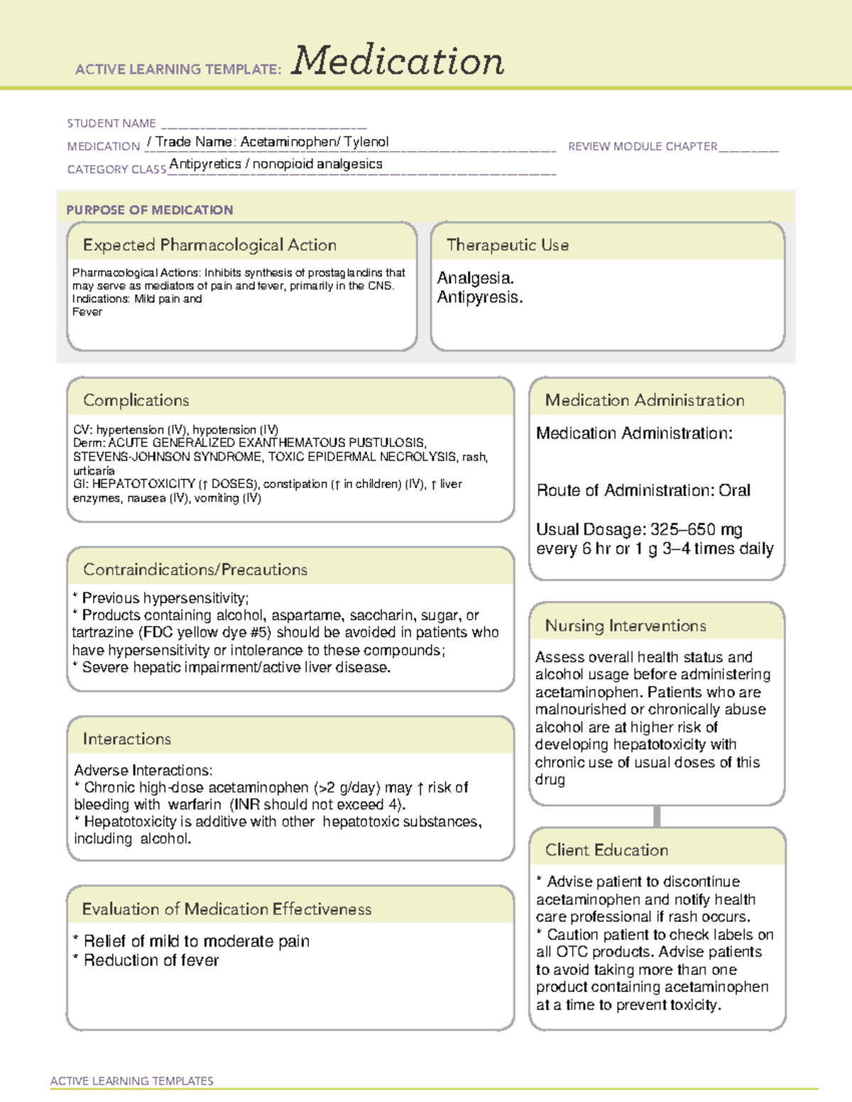 Acetaminophen Tylenol - ACTIVE LEARNING TEMPLATES Medication STUDENT ...