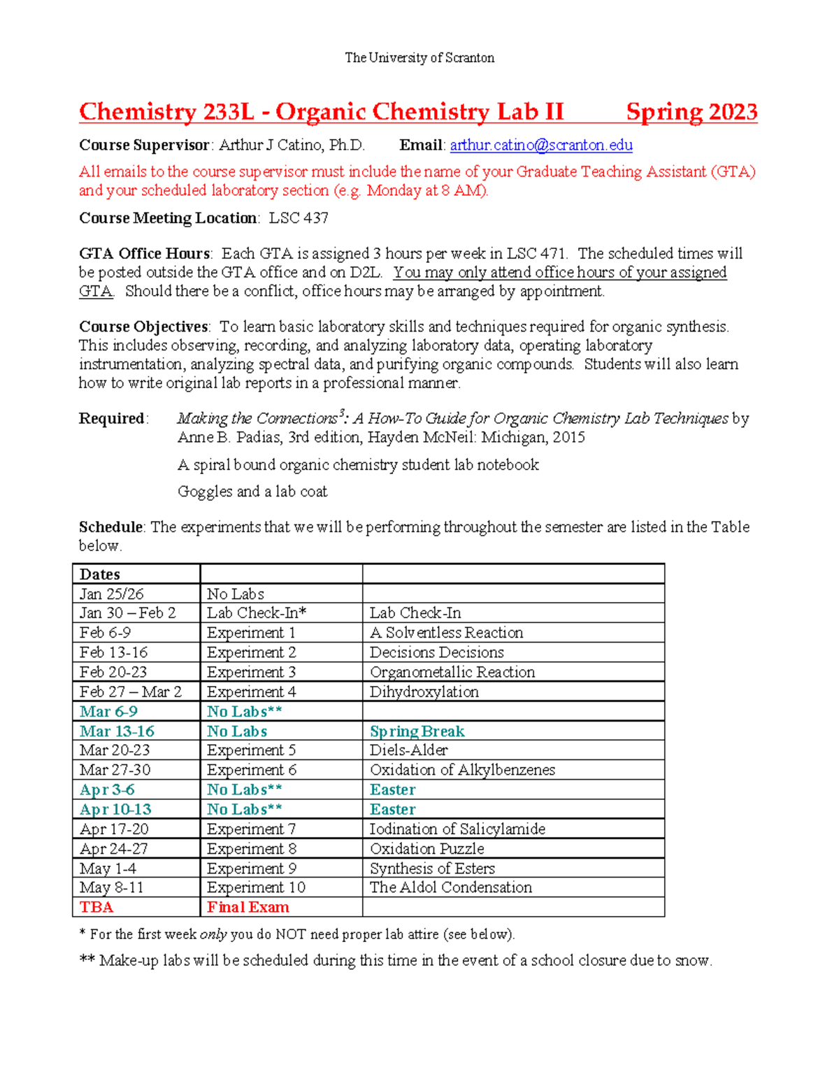 Syllabus - Chemistry 233L - Organic Chemistry Lab II Spring 2023 Course ...