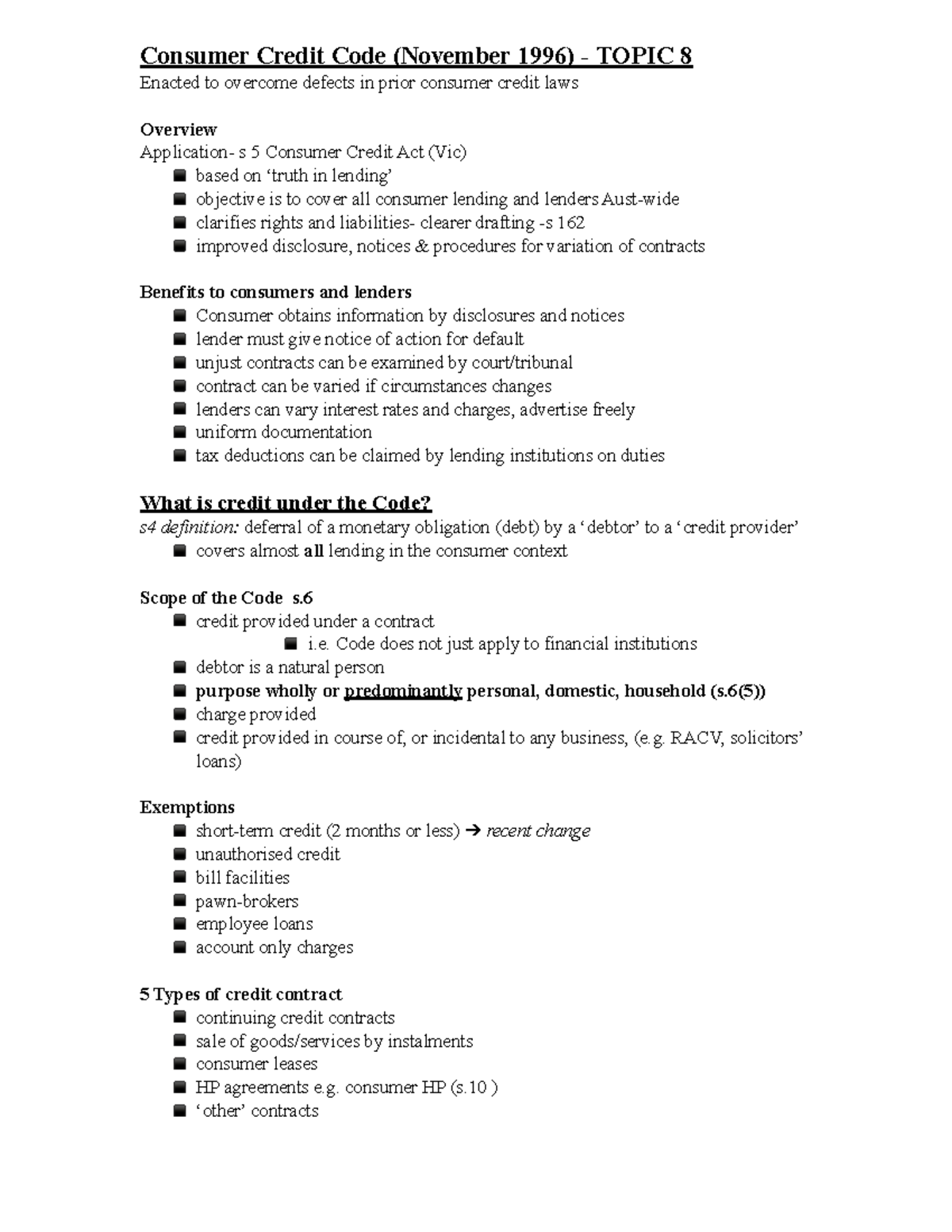 Consumer Credit Code credit provided under a contract i. Code does