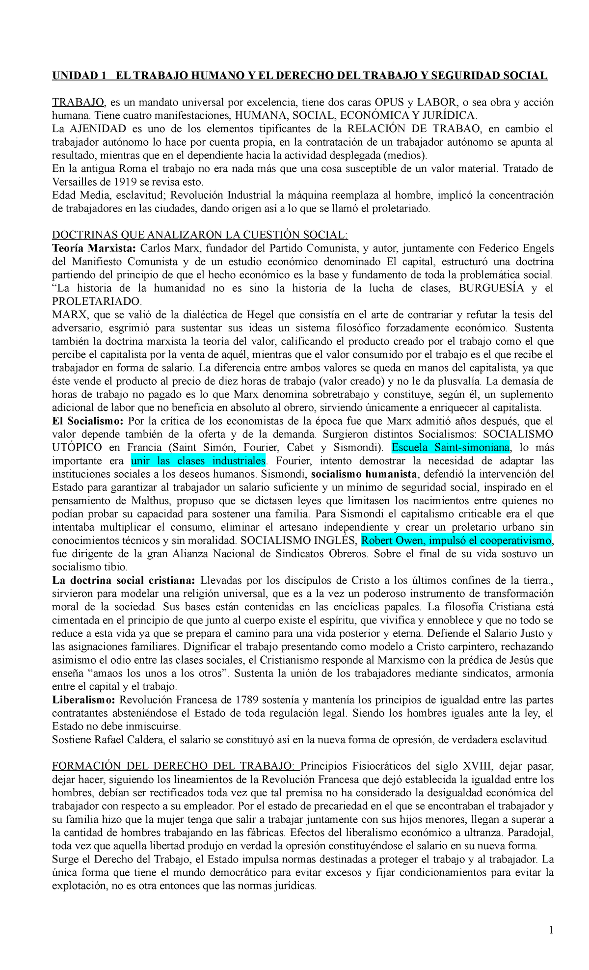 Resumen Derecho Laboral OK - UNIDAD 1 EL TRABAJO HUMANO Y EL DERECHO ...