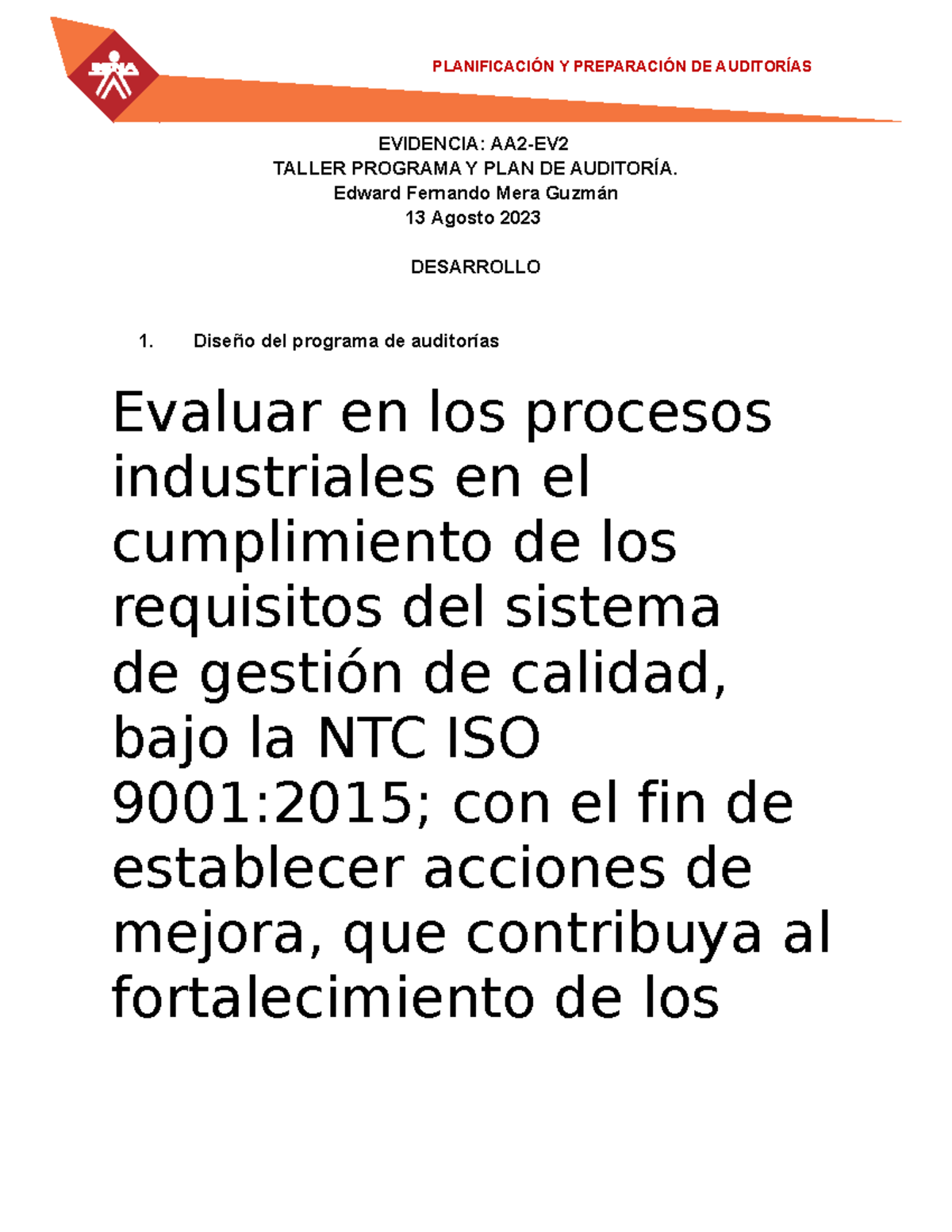 AA2 Ev2 Taller Programa y Plan de Auditoria Edward Mera - EVIDENCIA ...
