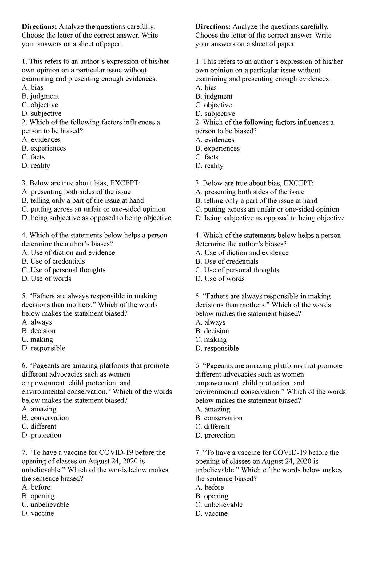 English 8 - Directions: Analyze the questions carefully. Choose the ...