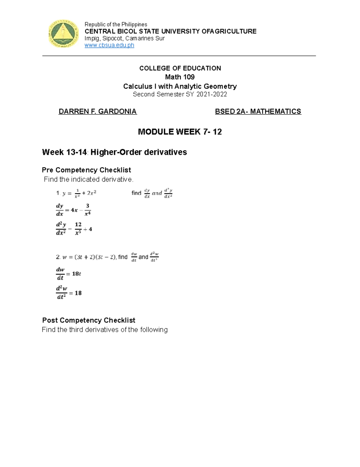 MATH 109, WEEK 13-18, Answer; Darren Gardonia - CENTRAL BICOL STATE ...