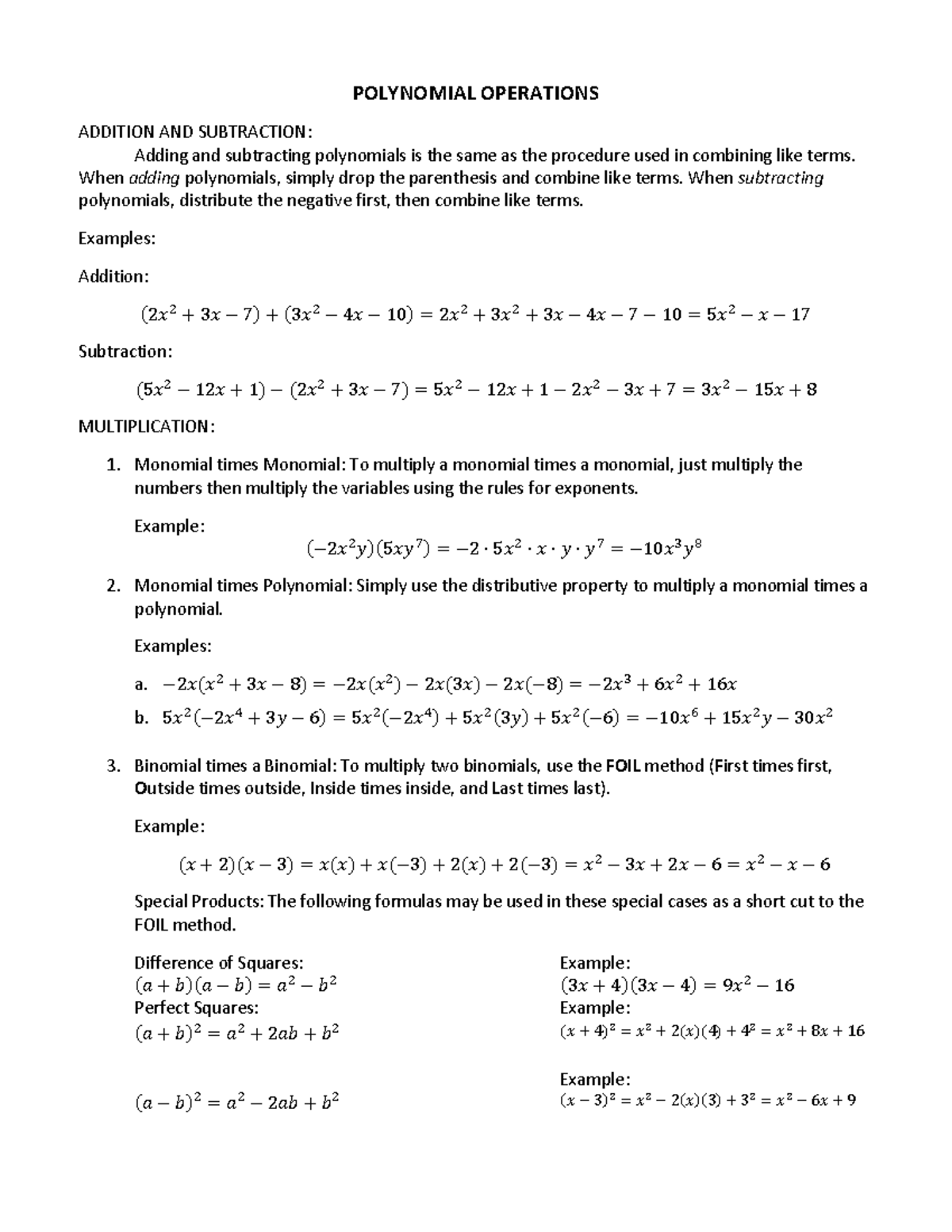 Polynomial Operations - POLYNOMIAL OPERATIONS ADDITION AND SUBTRACTION ...