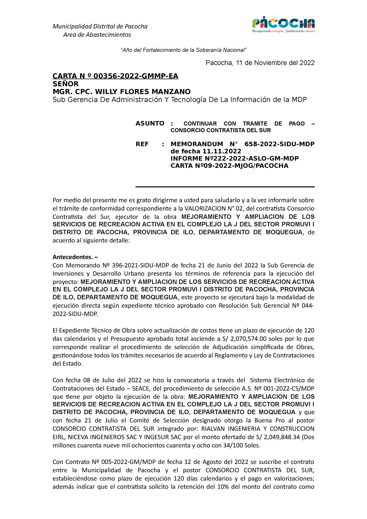 Carta NRO 356 - Tramite DE PAGO Consorc DEL SUR 2valori - Municipalidad ...