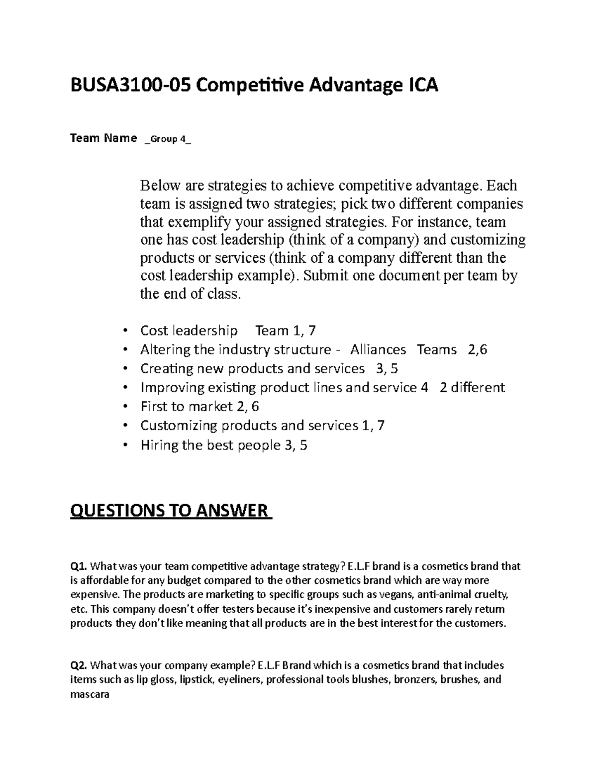 BUSA3100 Competitive Advantage ICA 2 Group 4 - BUSA3100-05 Competitive ...