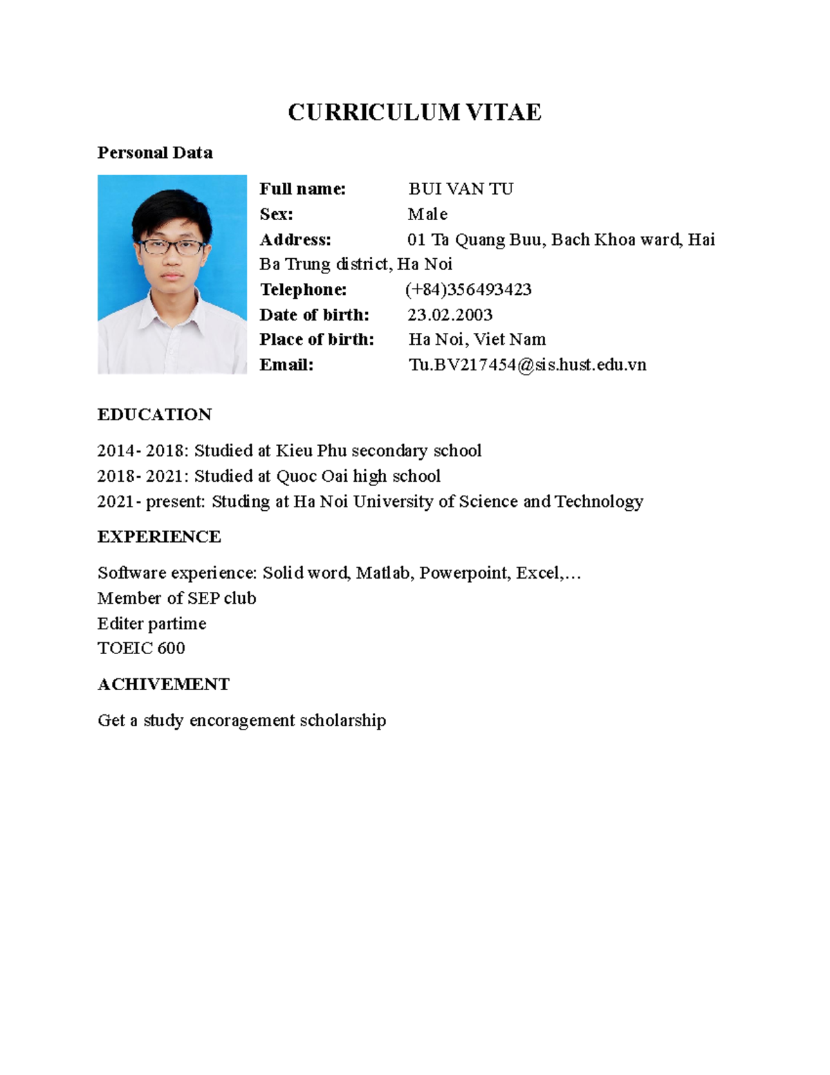 an ba to com asn - CURRICULUM VITAE Personal Data Full name: BUI VAN TU ...