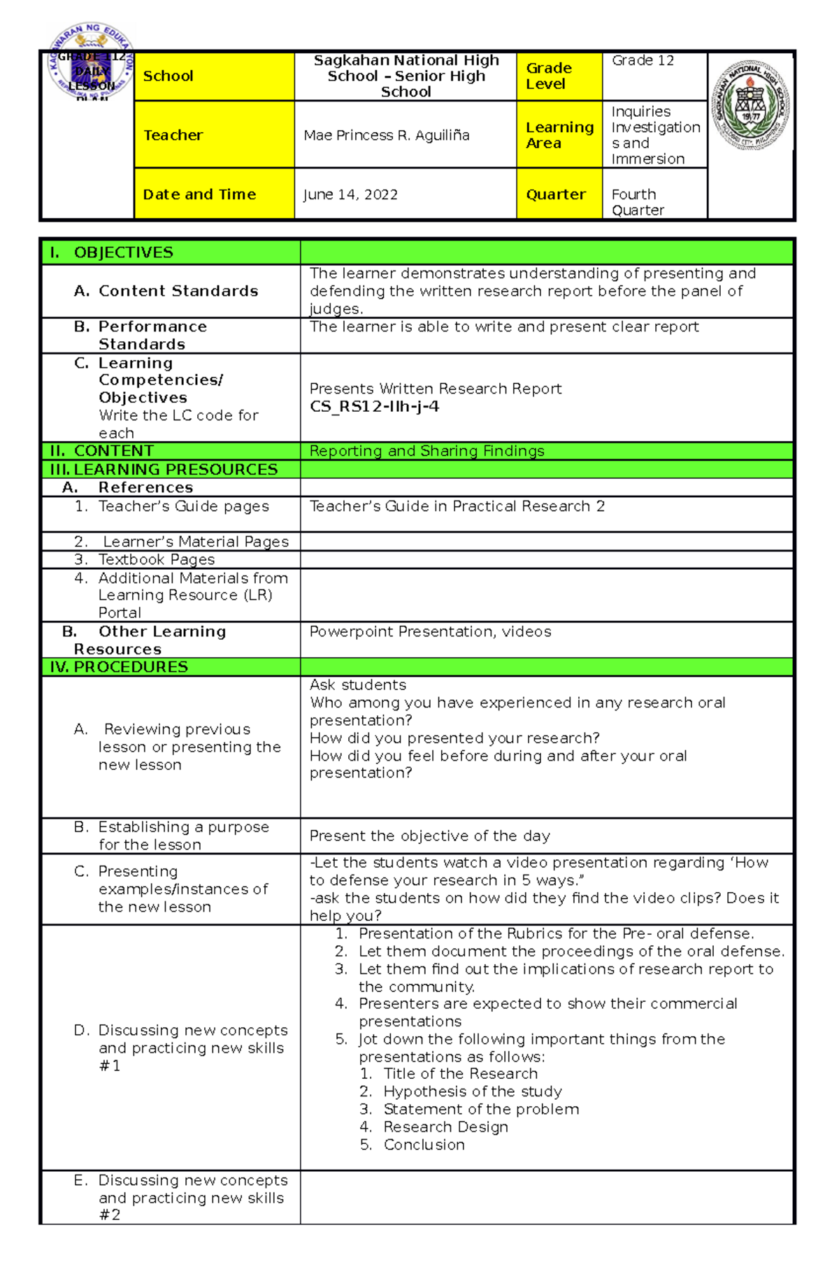 FOR-COT-DLP 4th Q - For cot - School Sagkahan National High School ...