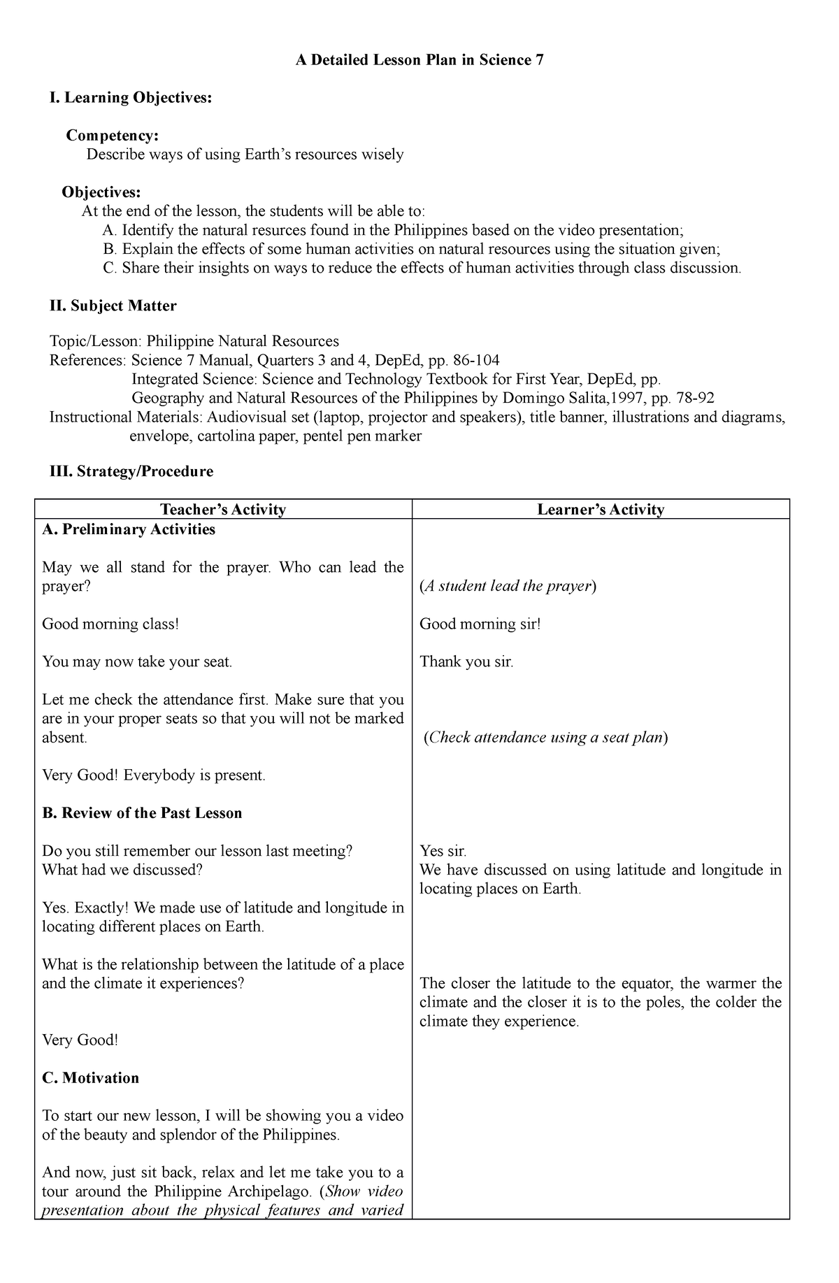 267834625 Sample Lesson Plan in Science Grade VII - A Detailed Lesson ...