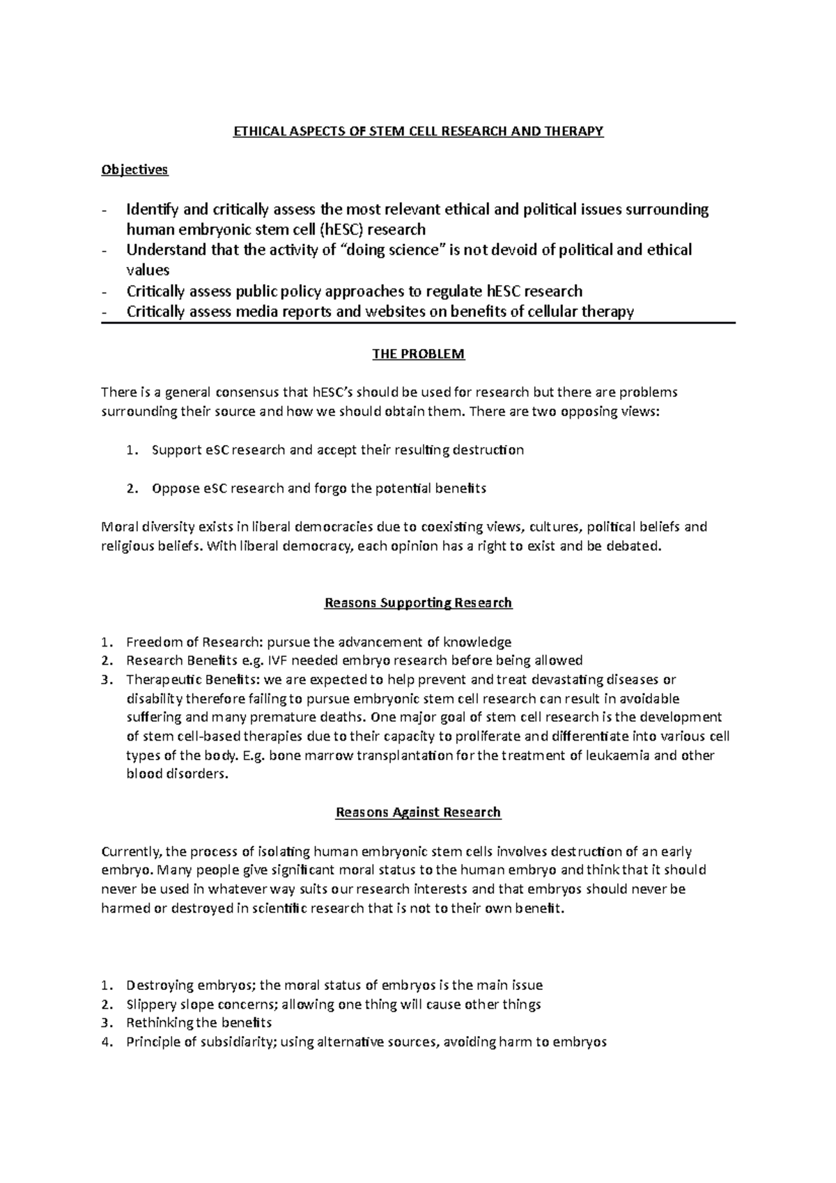 L3 Ethics And Policy Lecture Notes 3 ETHICAL ASPECTS OF STEM CELL