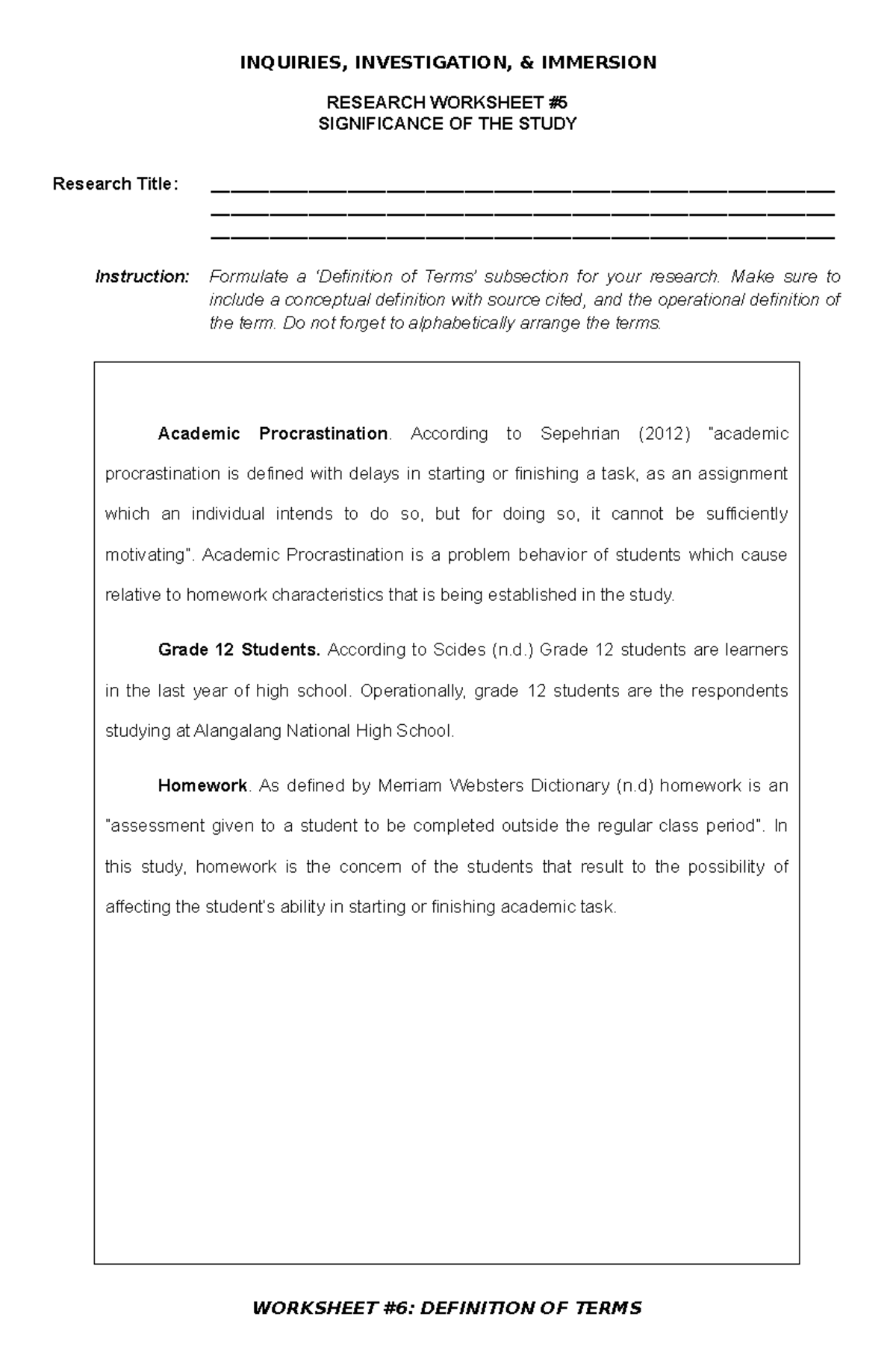 III Worksheets 6 Definition OF Terms - INQUIRIES, INVESTIGATION ...