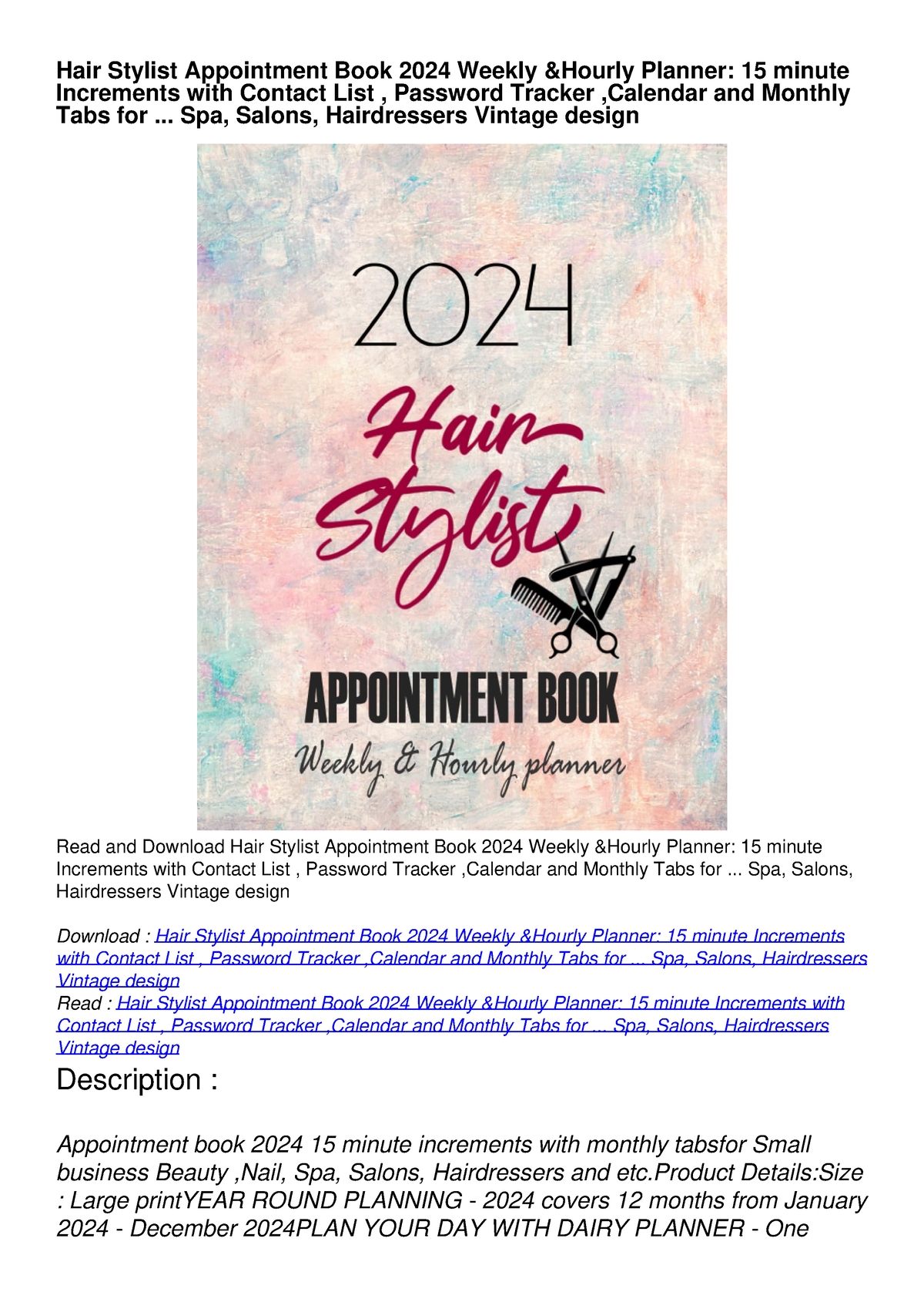 READ [PDF] Hair Stylist Appointment Book 2024 Weekly Hourly Planner 15