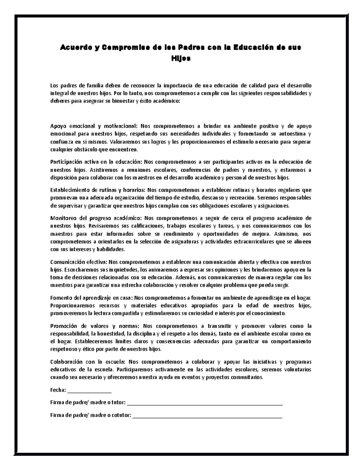 Acuerdo y Compromiso de los Padres con la Educación de sus Hijos ...