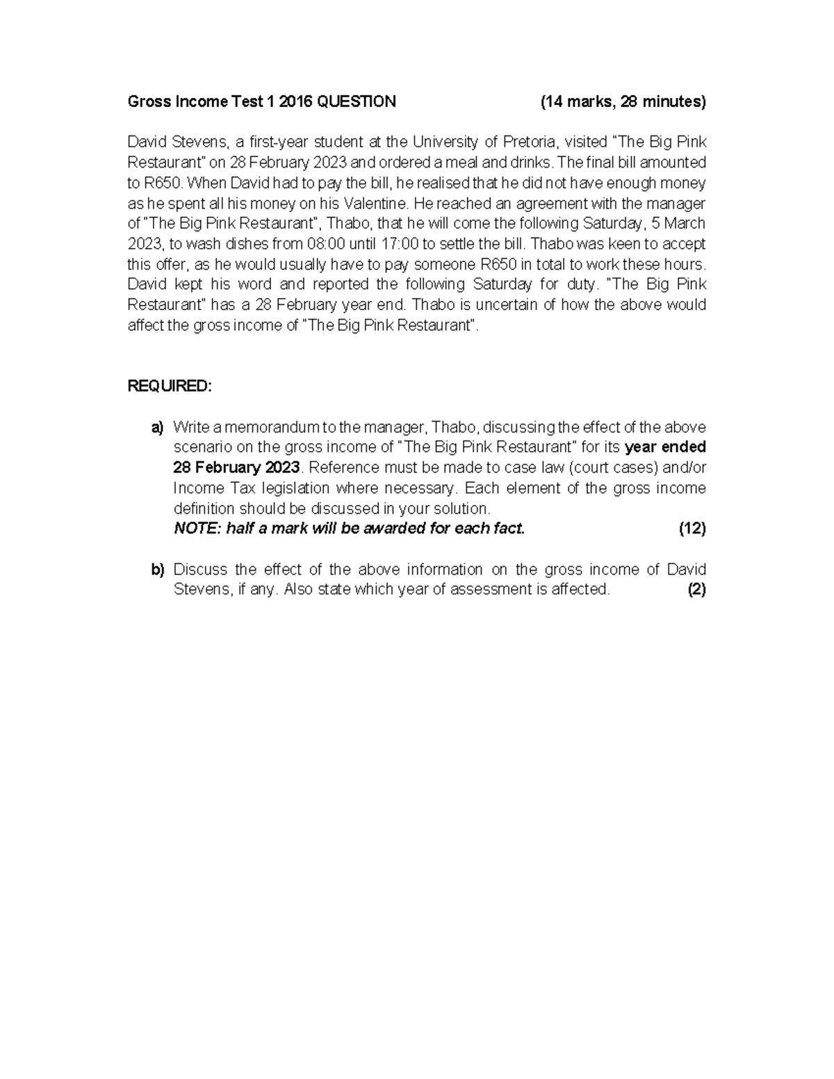 Gross income Test 1 2016 question - Gross Income Test 1 2016 QUESTION ...