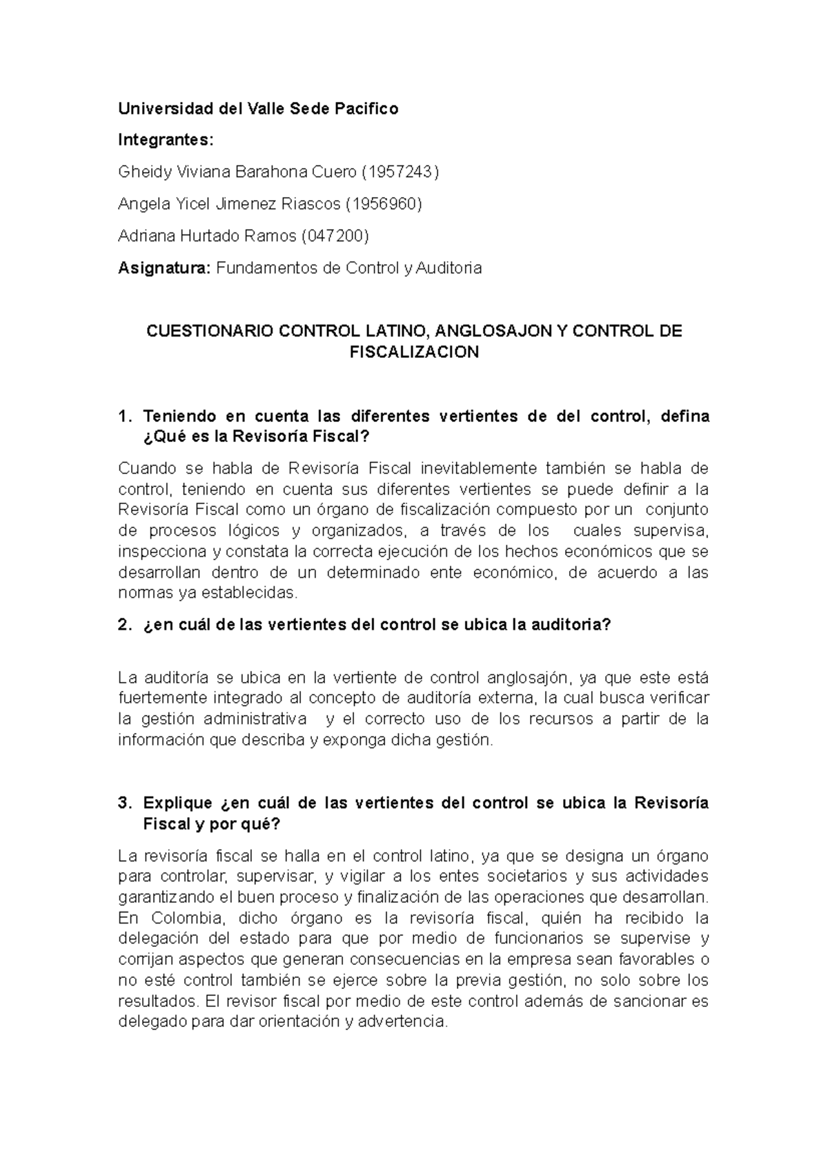 Cuestionario Control Latino, Anglosajon y Control de Fiscalizacion