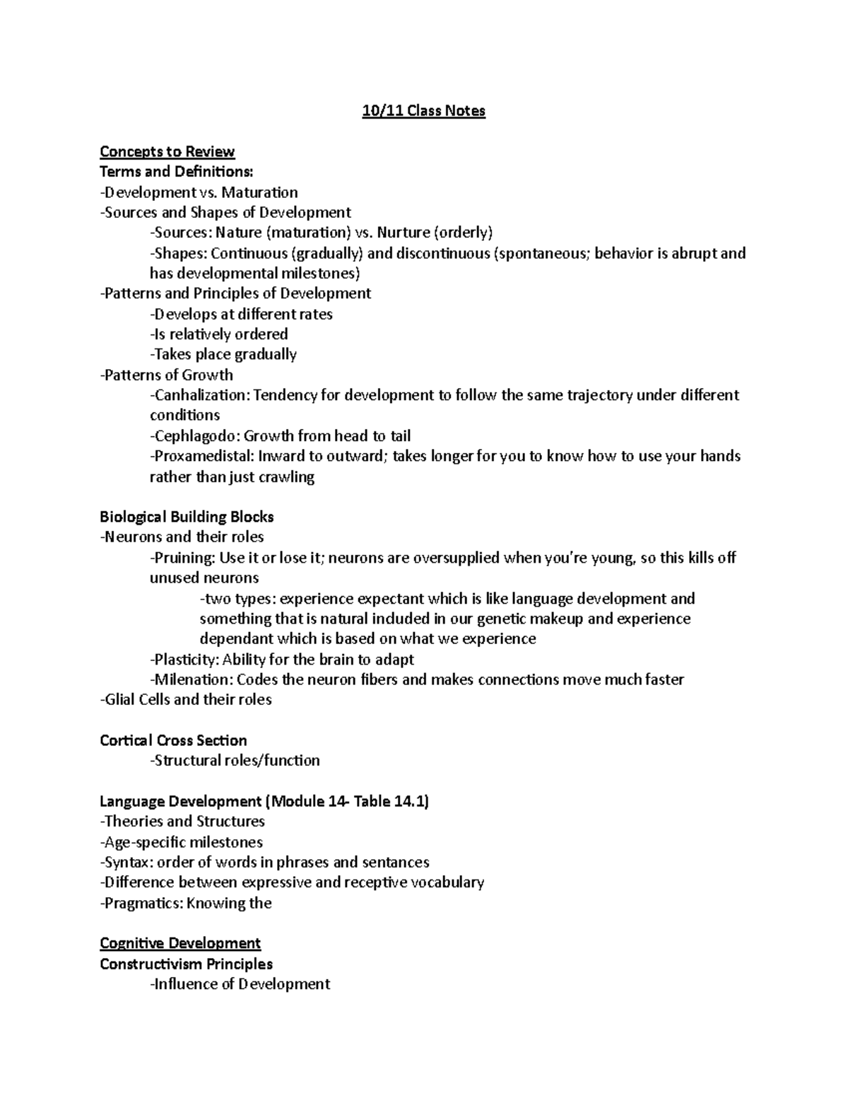 Biological Building Blocks Notes 10/11 Class Notes Concepts to Review