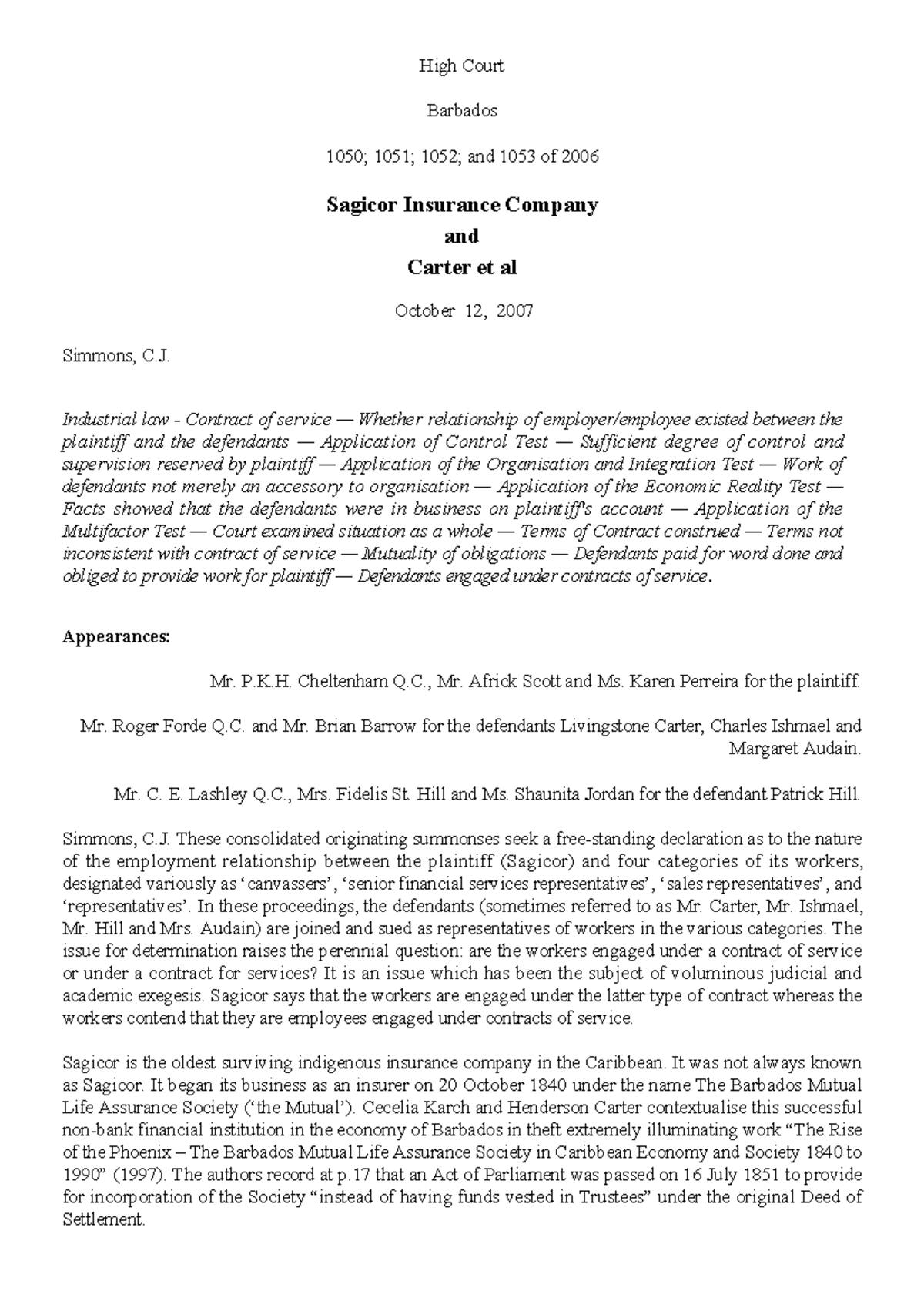 Sagicor insurance company v carter et al case summaries High Court