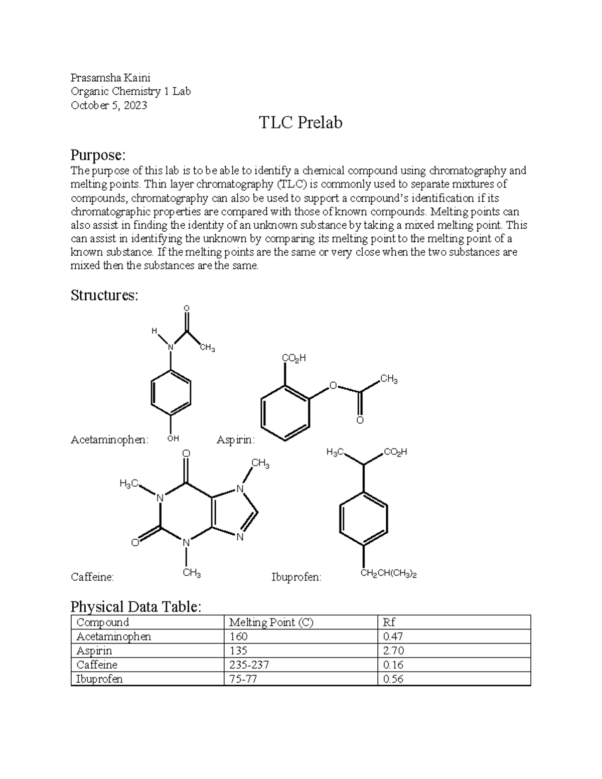 TLC Prelab Prelab only Prasamsha Kaini Organic Chemistry 1 Lab