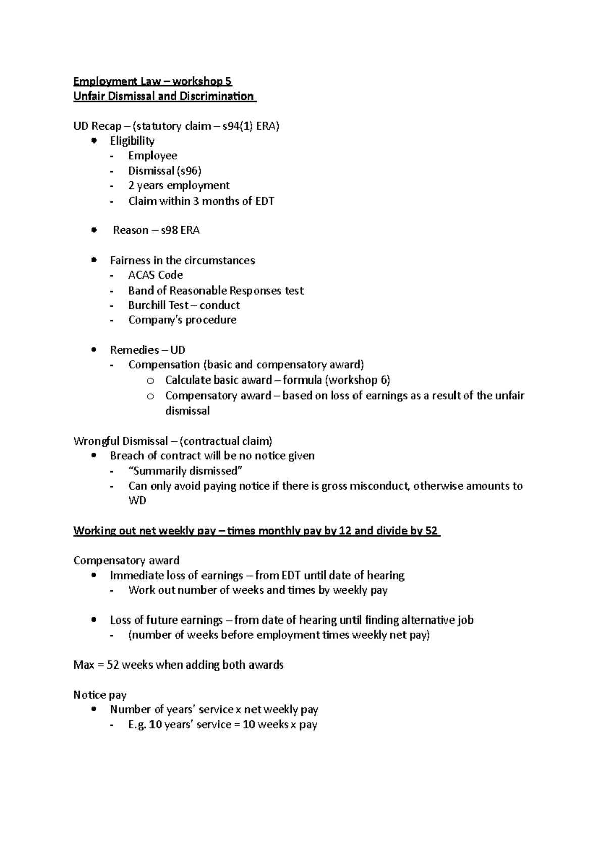Employment Law and practice - Employment Law – workshop 5 Unfair ...
