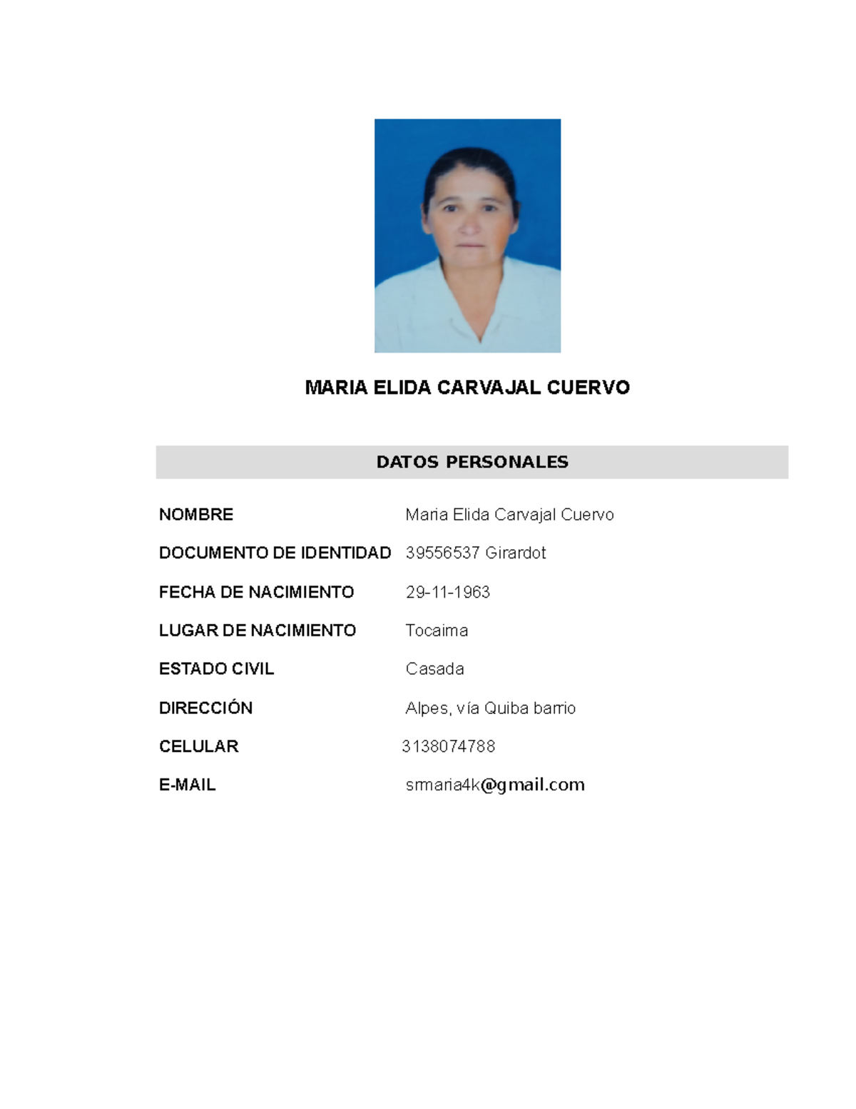 Hoja de Vida Sencilla - assdw - MARIA ELIDA CARVAJAL CUERVO NOMBRE ...