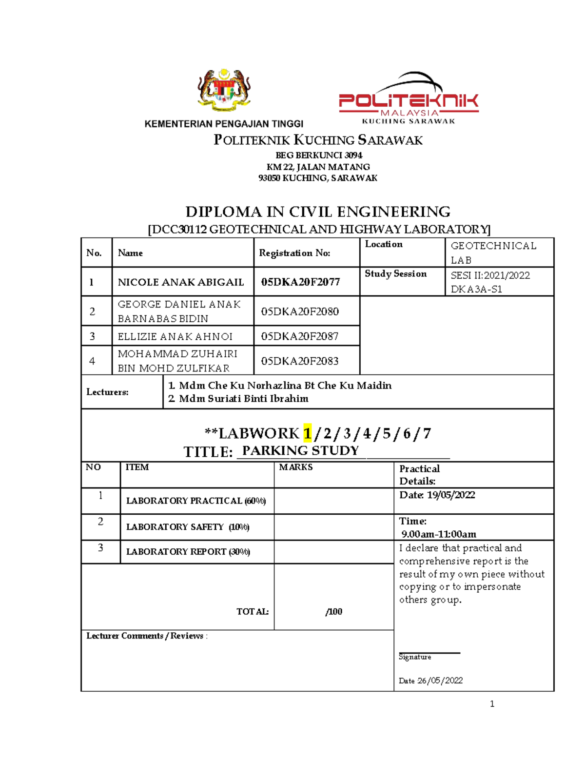 Parking Study LAB Report POLITEKNIK KUCHING SARAWAK BEG BERKUNCI 3094