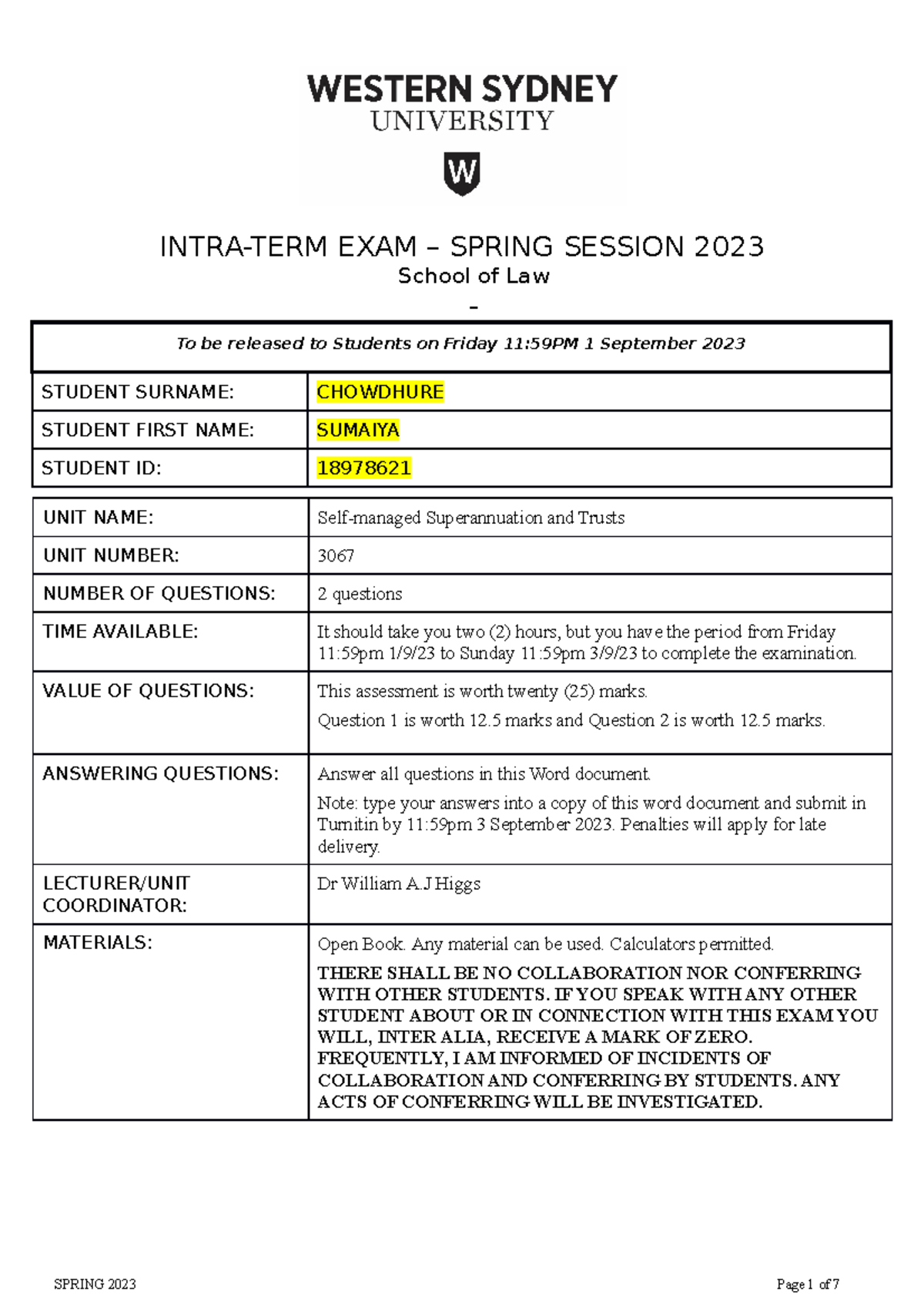 2023 mid exam - exam - INTRA-TERM EXAM – SPRING SESSION 2023 School of ...