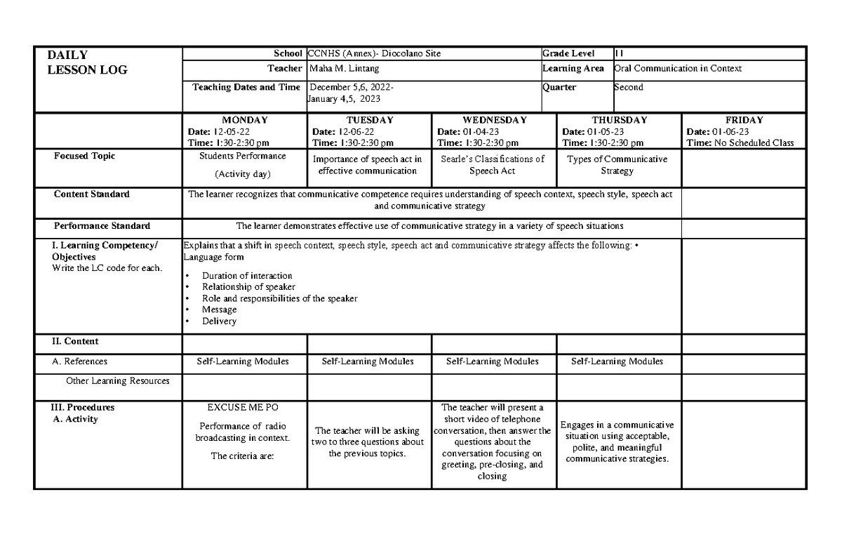 ORAL Communication 4As DLL - DAILY LESSON LOG School CCNHS (Annex ...