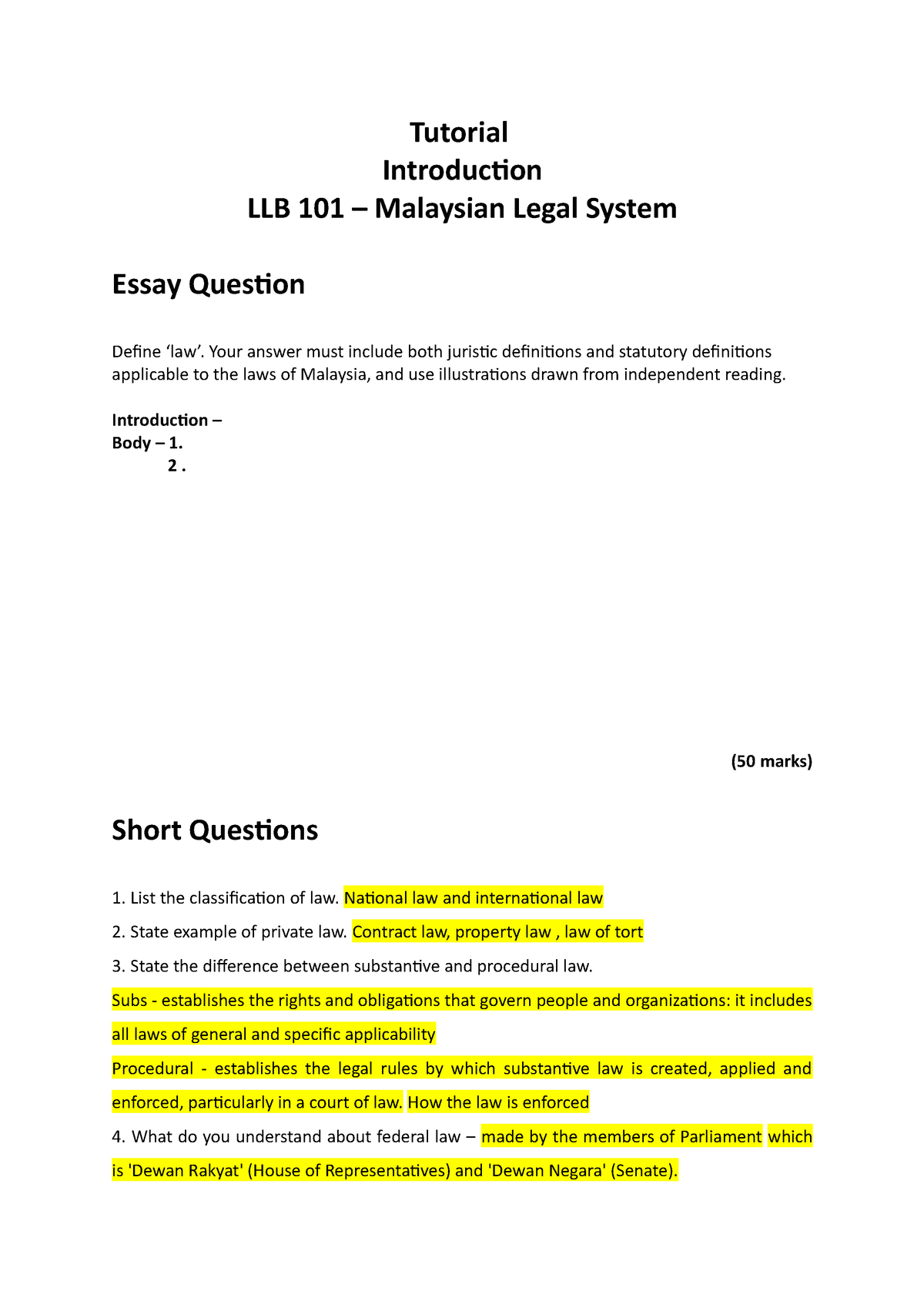 Tutorial 1 Malaysia Legal System - Tutorial Introduction LLB 101 ...