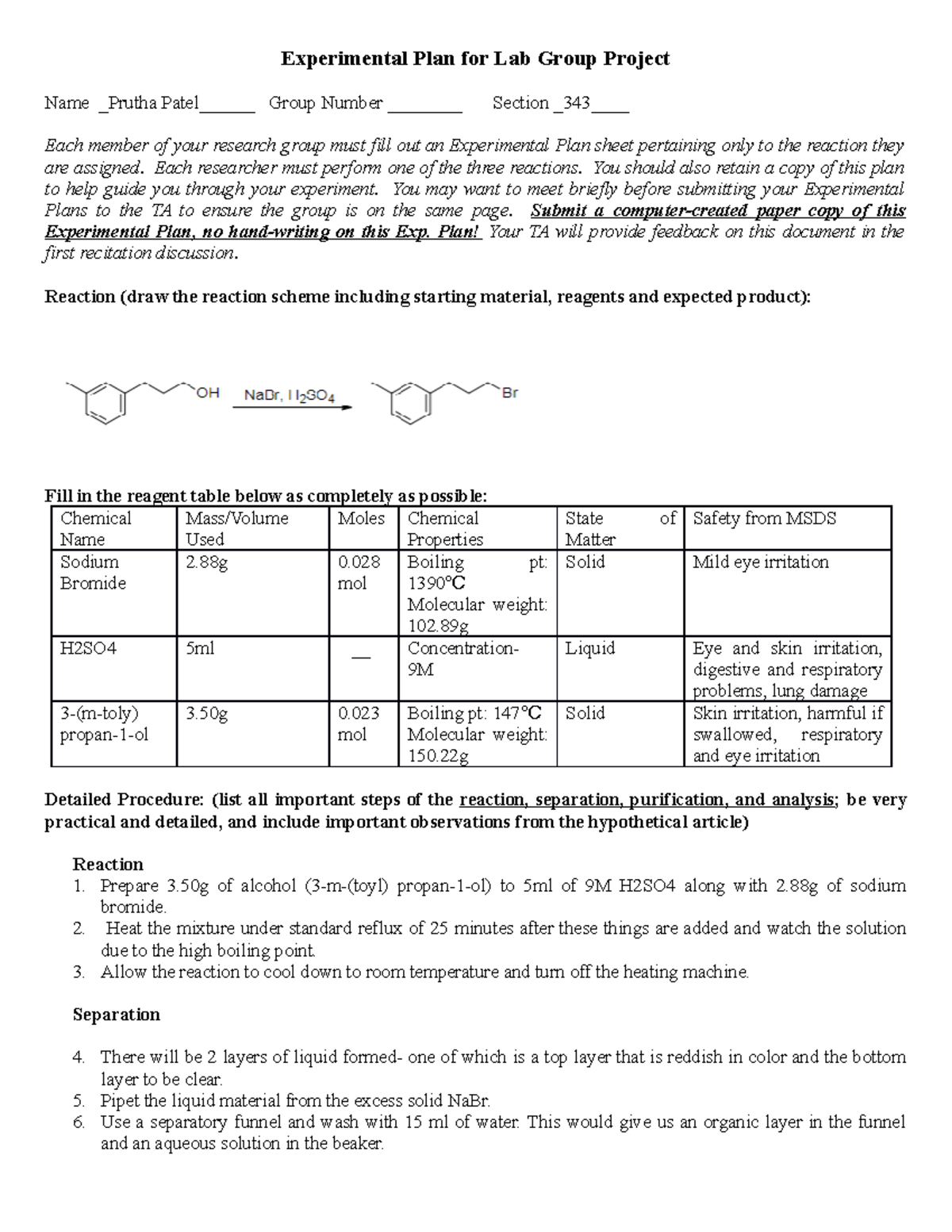 Experimental Plan - Organic Chemistry I lab 342 - Experimental Plan for ...