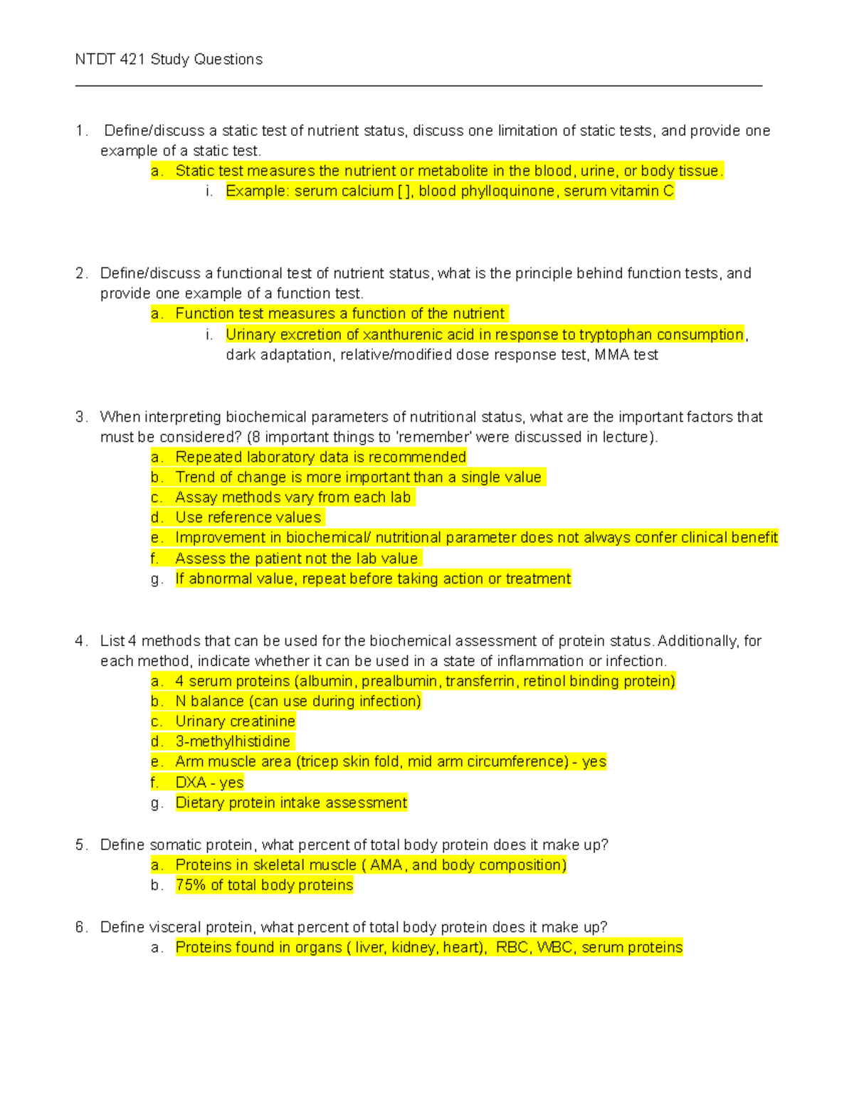 Lecture Questions.Intro Biochem and Protein - NTDT 421 Study Questions ...