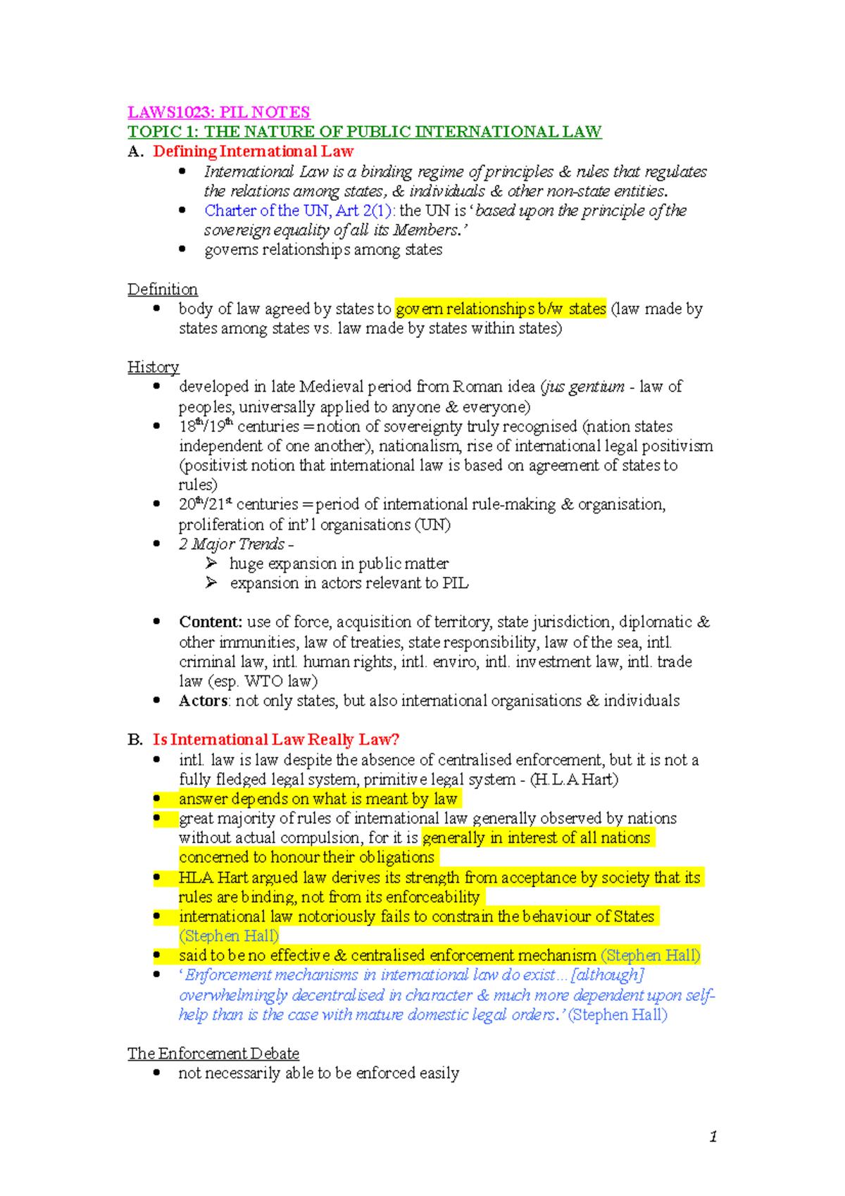 Public International Law Notes LAWS1023 PIL NOTES TOPIC 1 THE 