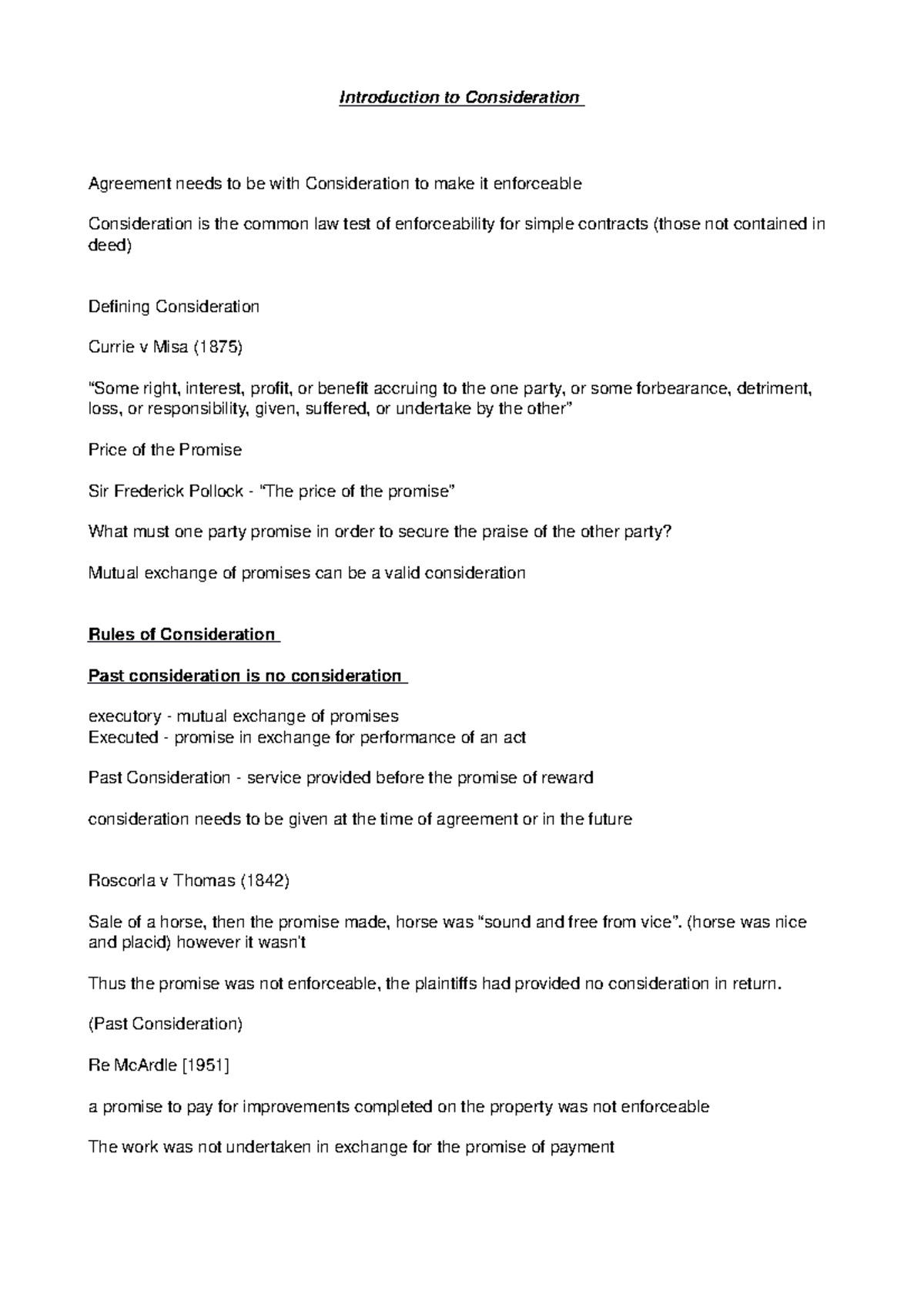 Introduction to Consideration - (Past Consideration) Re McArdle a ...