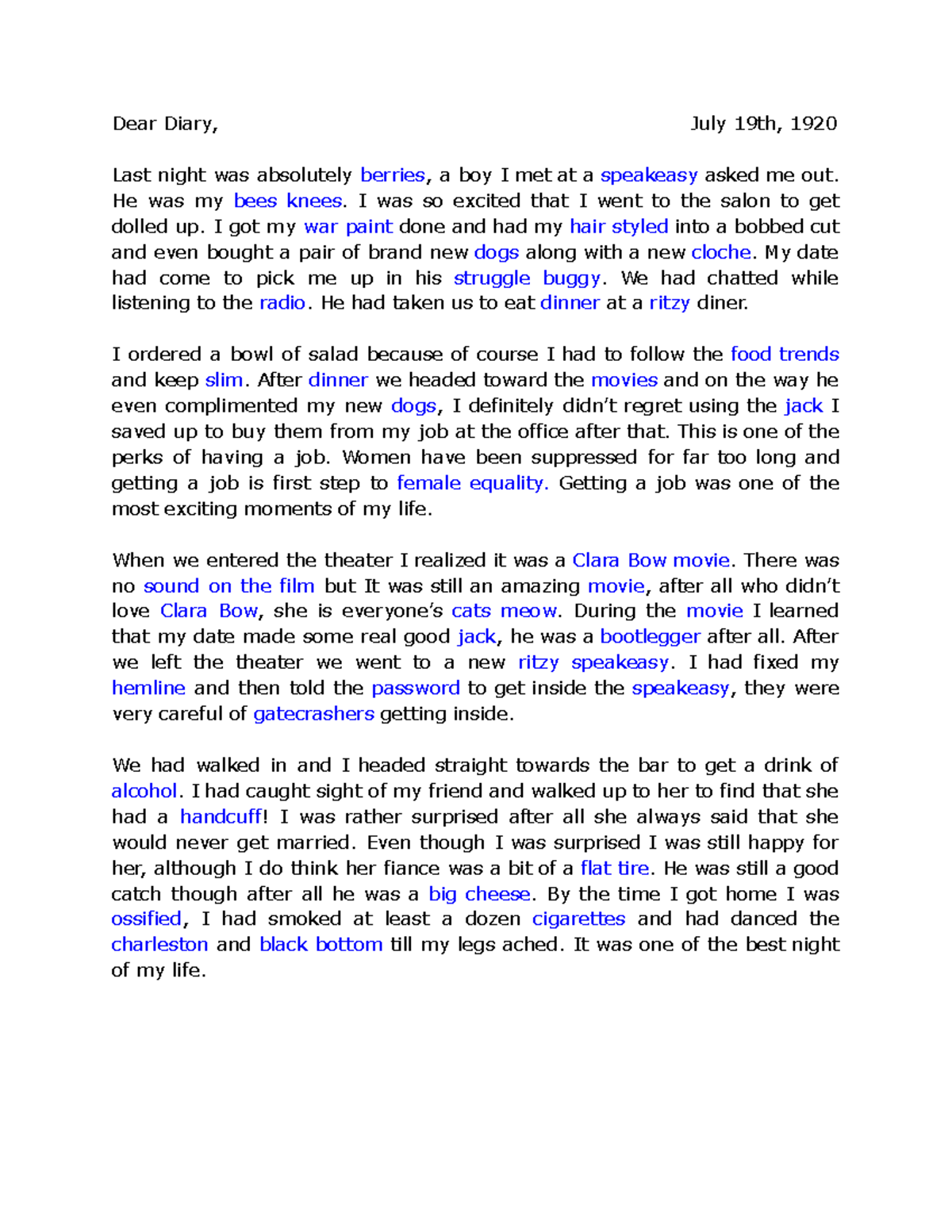 Grade 10 History Flappers Assignment - Dear Diary, July 19th, 1920 Last ...
