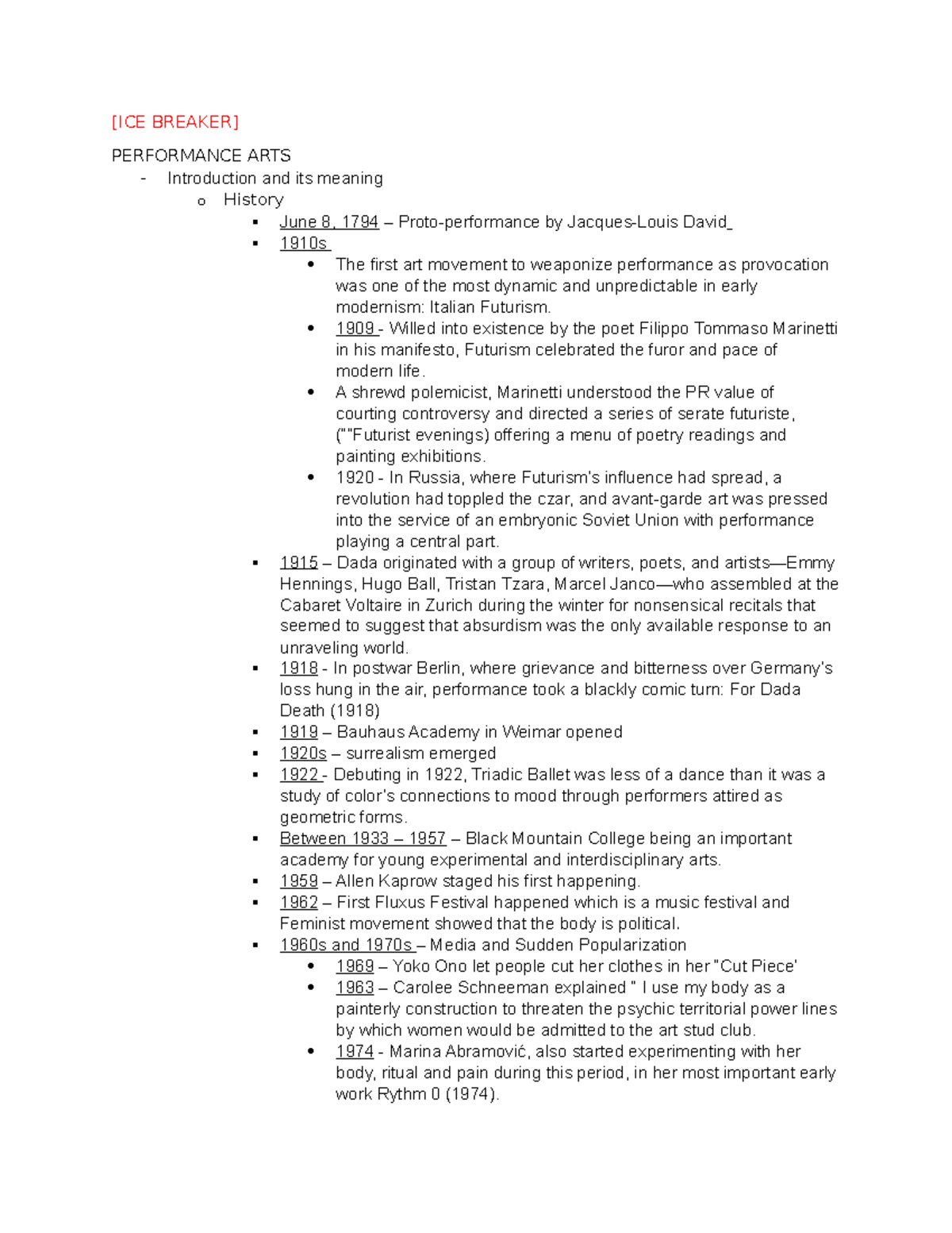 (Summary of Report for Group 5 [ICE BREAKER] PERFORMANCE ARTS