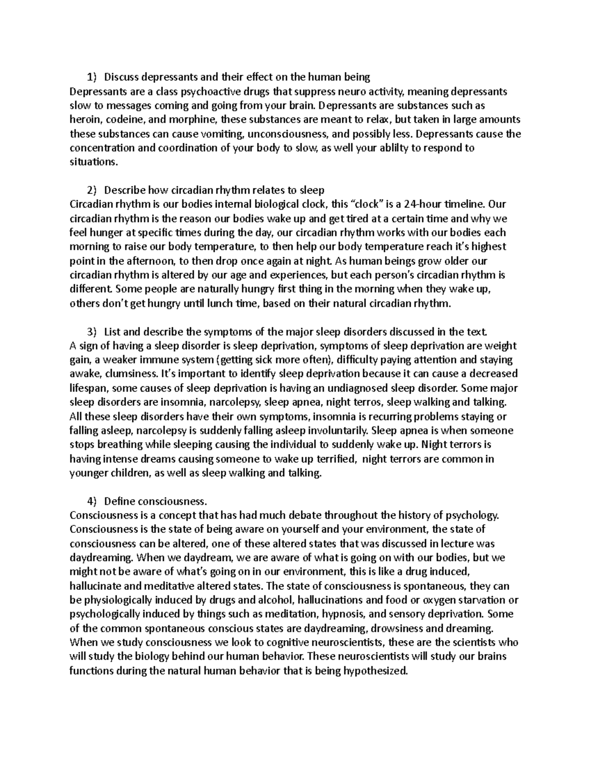 Psych Homework- Chapter 3 - Discuss depressants and their effect on the ...