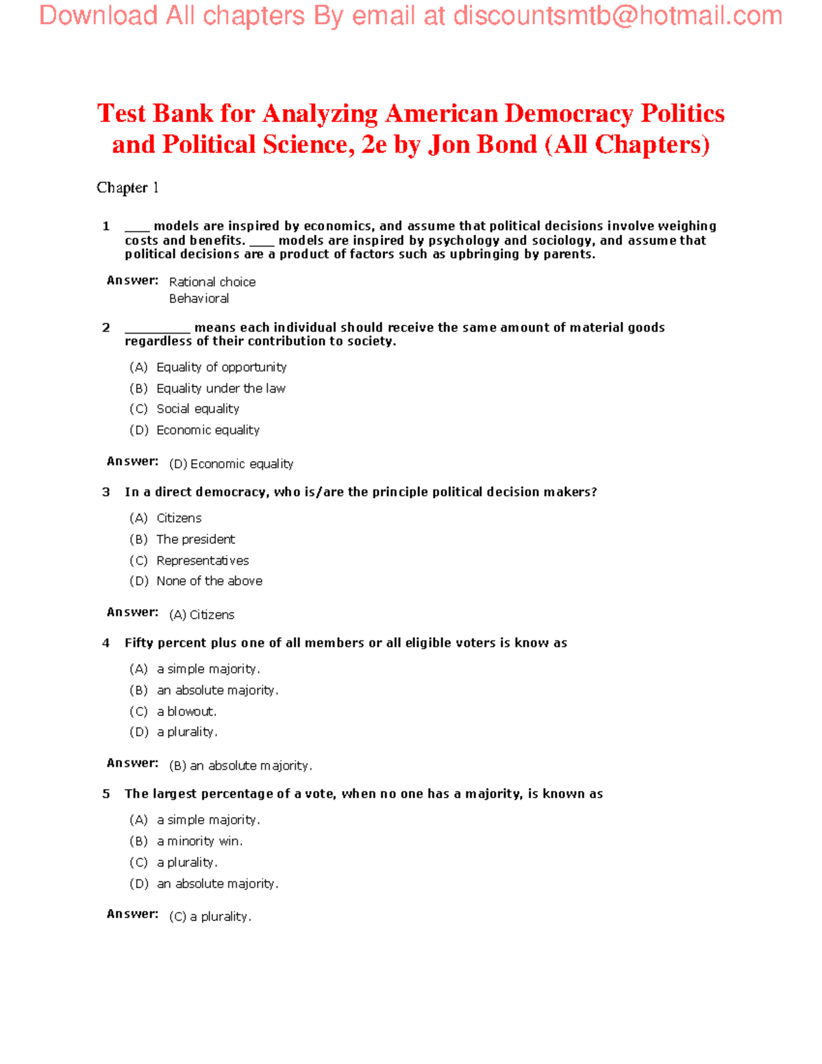 Test Bank for Analyzing American Democracy Politics and Political ...