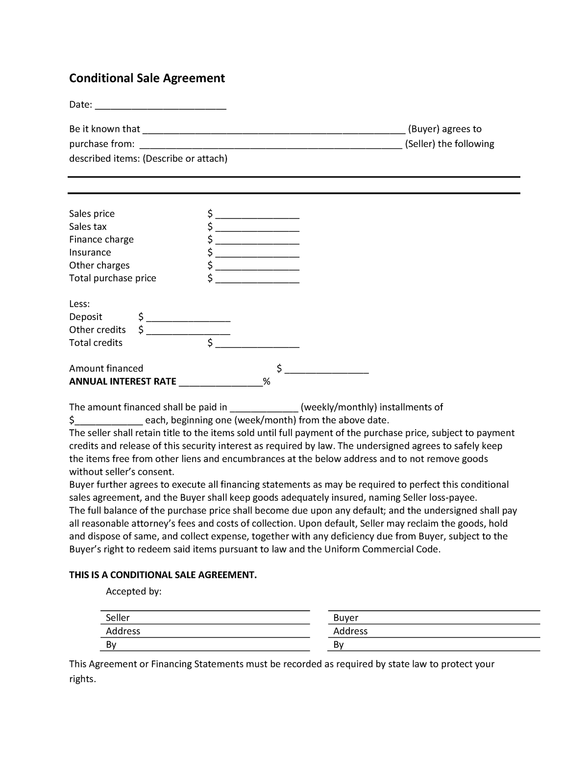 Blank Conditional Sale Agreement - Conditional Sale Agreement Date